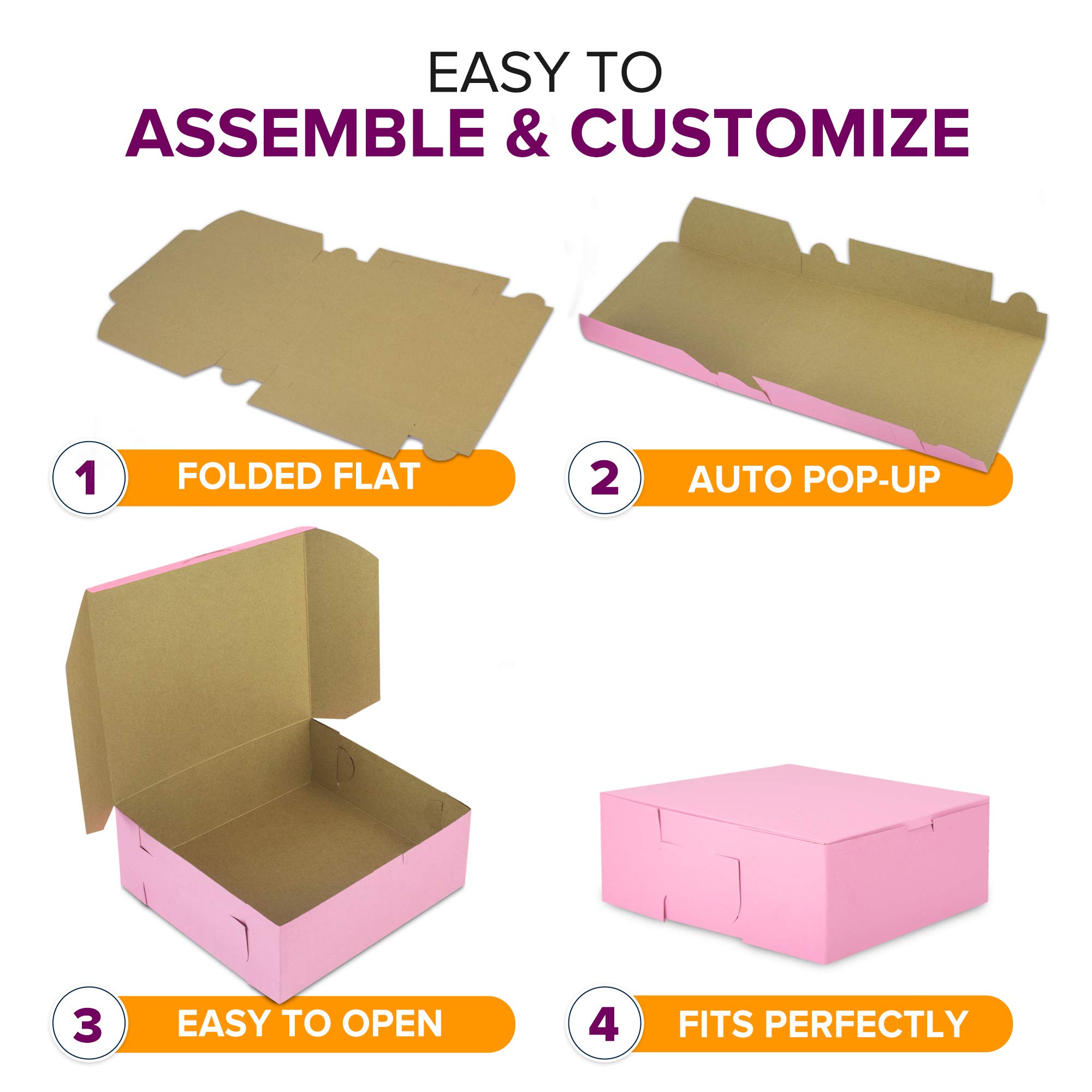 250 Pack Pink Bakery Boxes 8x8x3 Inches - Cake Pastry Boxes for Cupcakes, Desserts, Cookies & Candy Packaging - Perfect for Bakeries, Homemade Baked Goods, Party Favors, Wedding Gifts & Special Occasions