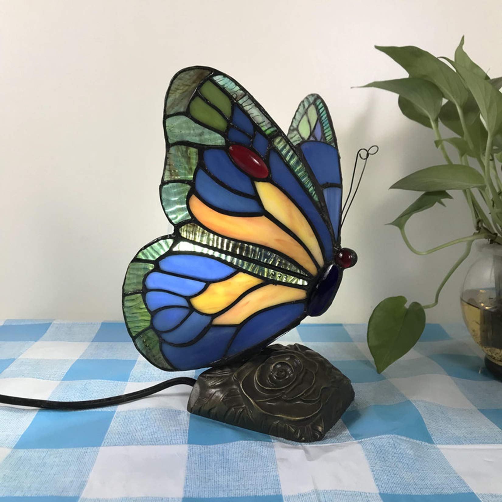 Blue Butterfly Stained Glass Tiffany-Style Night Light - 15x22cm Table Lamp for Girls' Bedroom Decor - E14 Bulb Base (110-240V) - Perfect for Nursery, Dorm Room & Romantic Ambiance Lighting