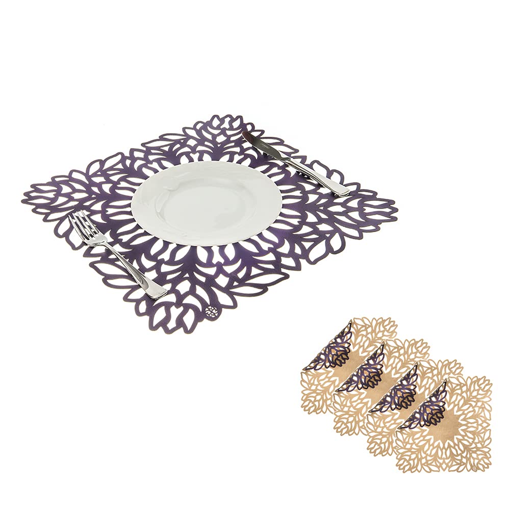 Mijal Gleiser Double Sided Placemats Set of 4 - Laser Cut Heat Resistant & Non Slip Table Mats - Stain Resistant Dining Table Decor (Sea Flower Collection Gold-Purple) - Perfect for Dinner Parties, Holiday Meals & Everyday Use