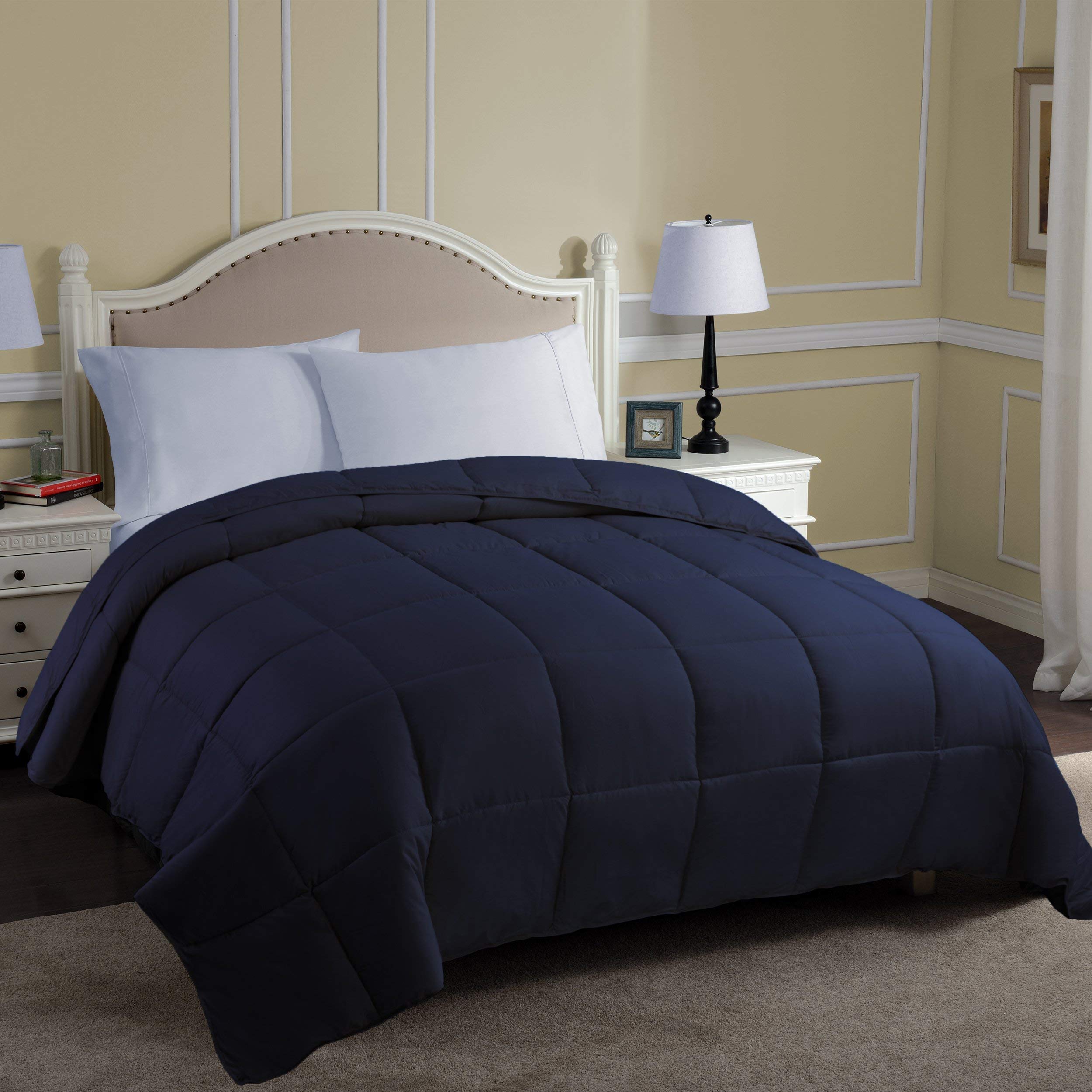 All-Season 100% Cotton 500 GSM Comforter - Ultra Soft & Warm Winter Duvet Insert with Corner Tabs, Wavy Box Stitching (Navy Blue, Queen/Full Size) - Perfect for Cozy Bedrooms, Guest Rooms & Cold Weather Comfort