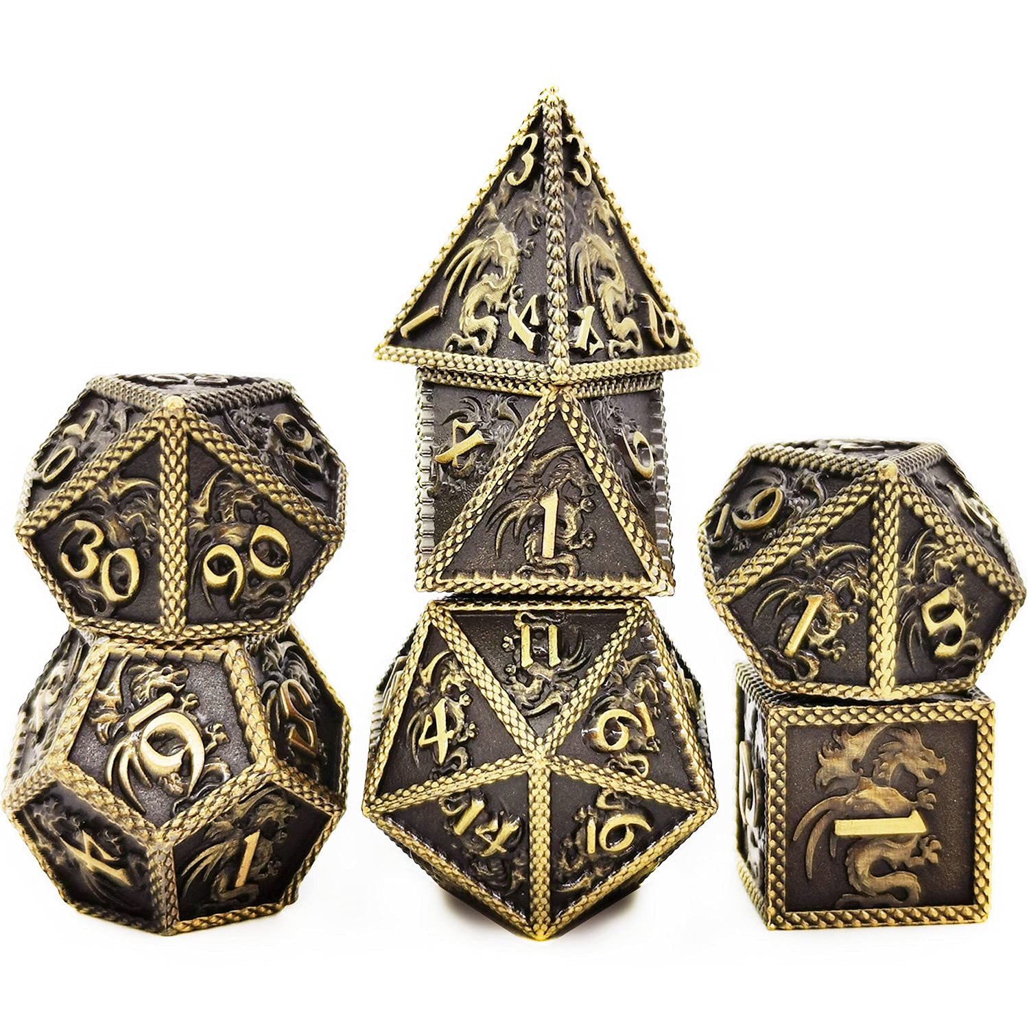 HAOMEJA 7-Piece Dragon Pattern Metal Dice Set for D&D - Ancient Bronze DND Dice for Dungeons & Dragons, RPG Tabletop Games & Collectors
