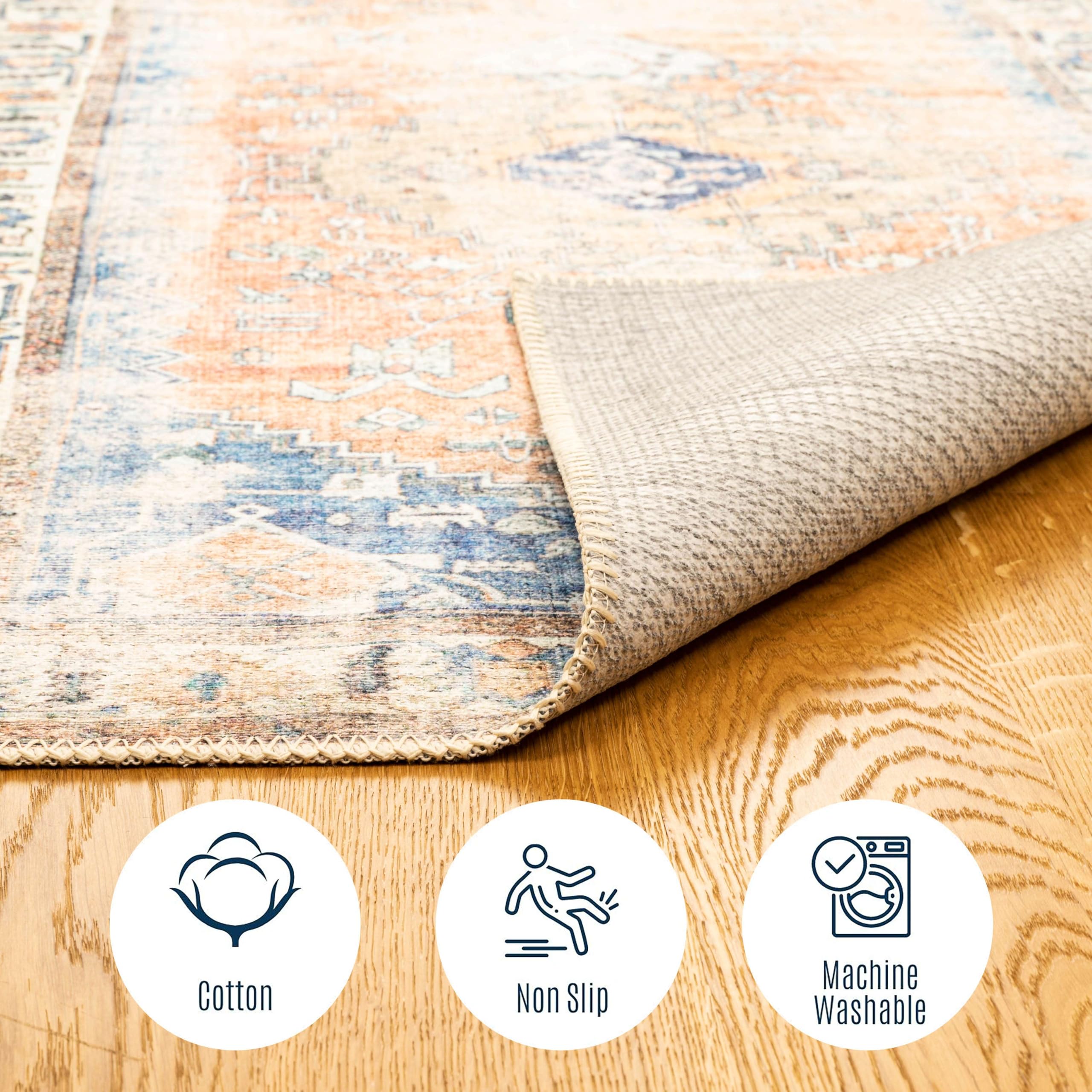 Softwoven 5x8 Washable Cotton Rug - Non-Slip, Stain Resistant & Pet Friendly Vintage Area Rug for Living Room, Hallway, Bedroom - Machine Washable, Non-Shed & Family Safe in Blue & Light Brown
