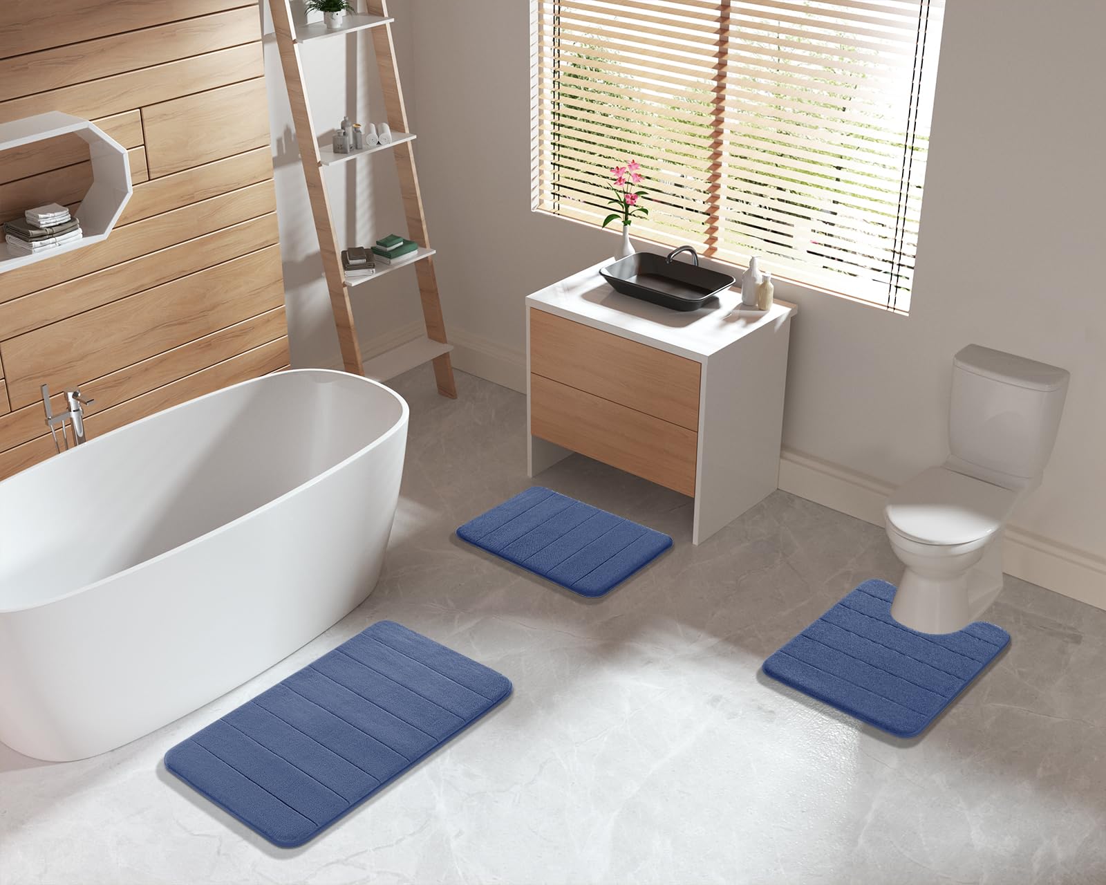 Yimobra 2-Piece Memory Foam Bath Mat Set - Ultra Soft Non-Slip Bathroom Rugs (17x24 & 24x20.4 Inches) - Quick-Dry Water Absorbent U-Shaped Toilet Mats for Bathroom Floor - Navy Blue - Perfect for Showers, Bathtubs & Sink Areas