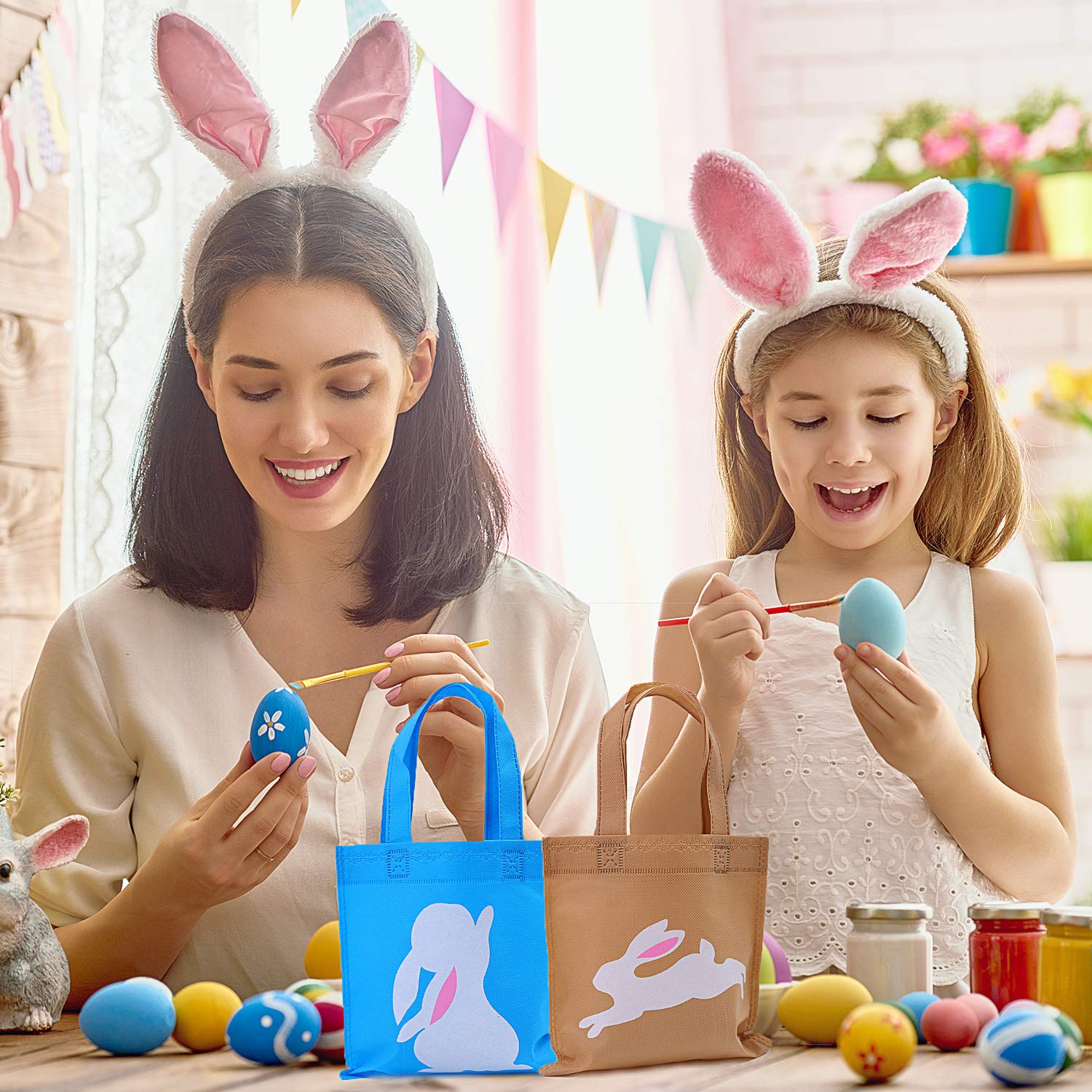 Elcoho 30-Piece Easter Bunny Treat Bags - 8x8 Inch Non-Woven Reusable Goodie Bags with Handles for Easter Party Favors, Egg Hunts & Spring Celebrations