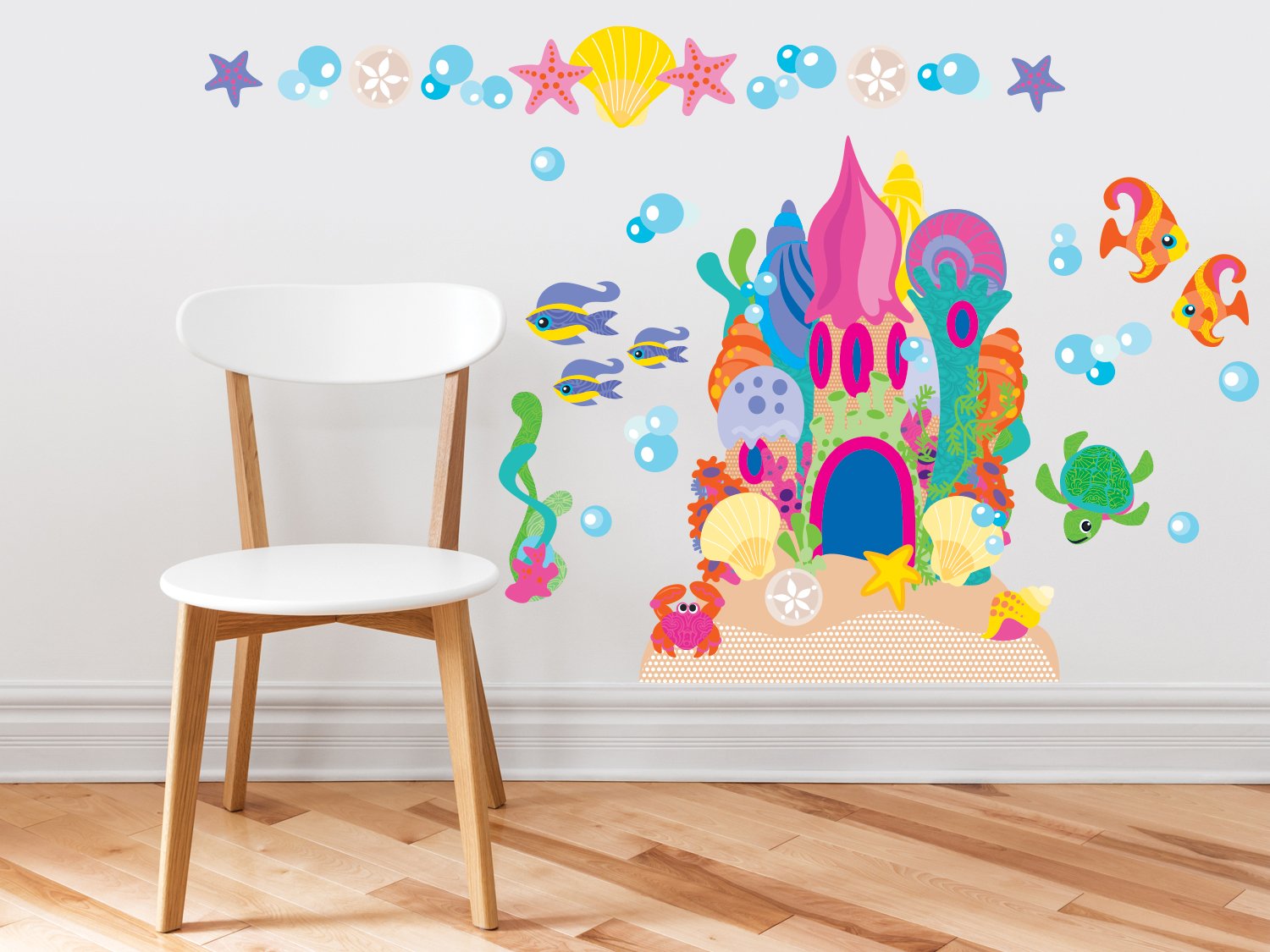 Under The Sea Sand Castle Fabric Wall Decals - Large Reusable & Repositionable Ocean Theme Stickers with Castle, Fish & Bubbles for Kids' Bedroom & Playroom Decor