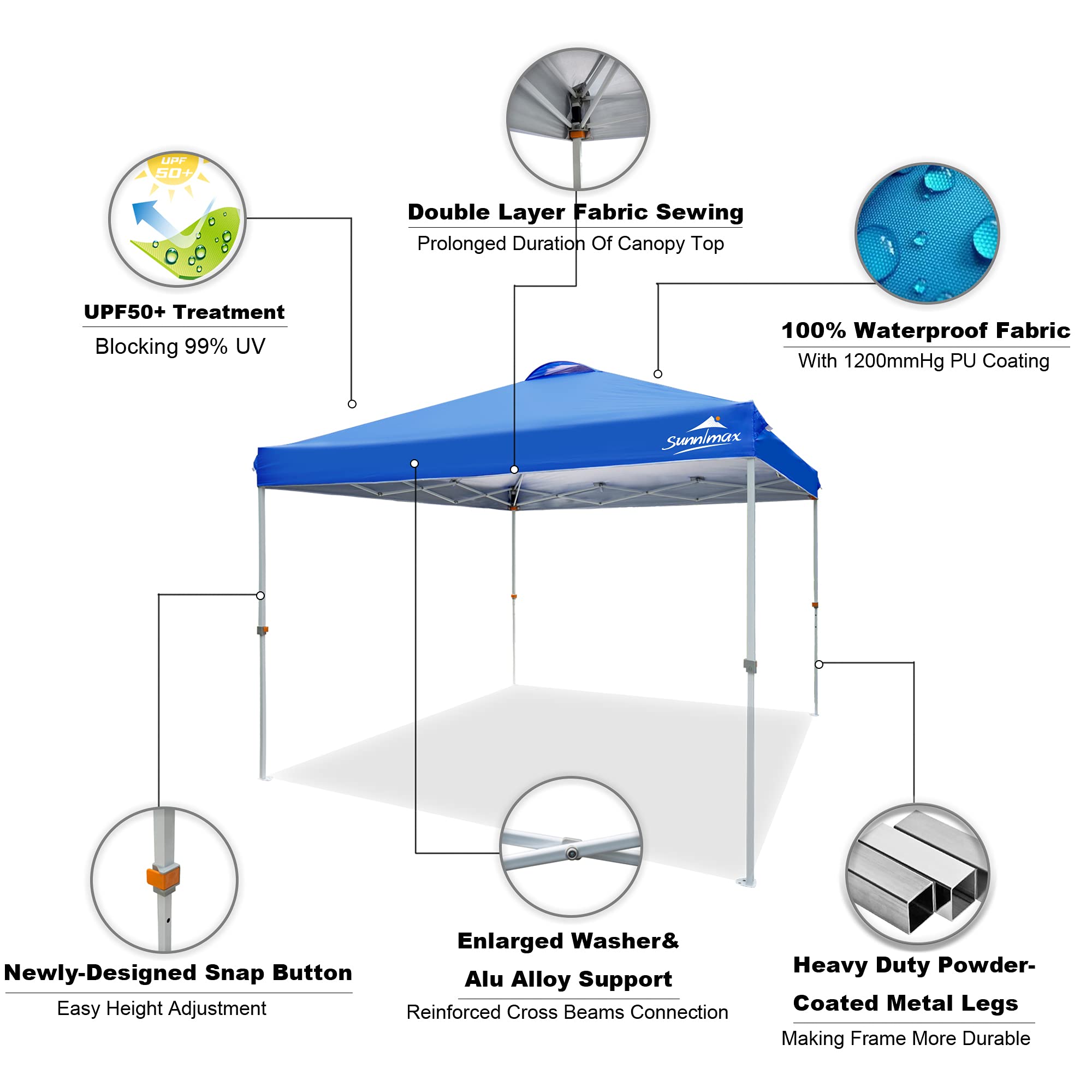 10x10FT Blue Pop Up Canopy Tent - Waterproof Portable Folding Shelter with Roller Bag & 4 Sand Bags - Perfect for Outdoor Parties, Tailgating, Camping, and Beach Events
