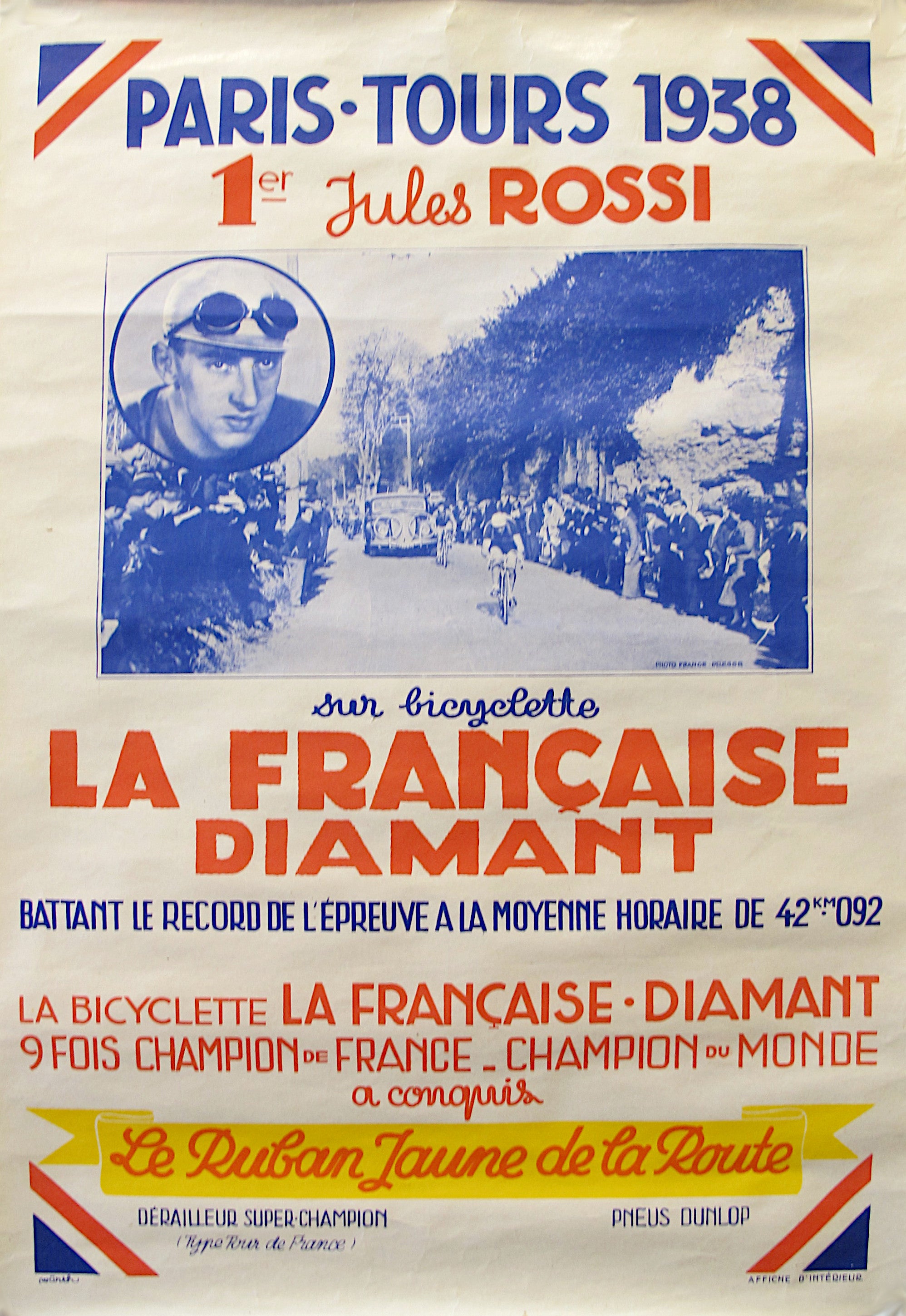 1938 Original Vintage French Bicycle Poster - Paris Tours Cycling Race Retro Wall Art for Home & Office Decor | Cycling Enthusiast Gift, Sports Memorabilia