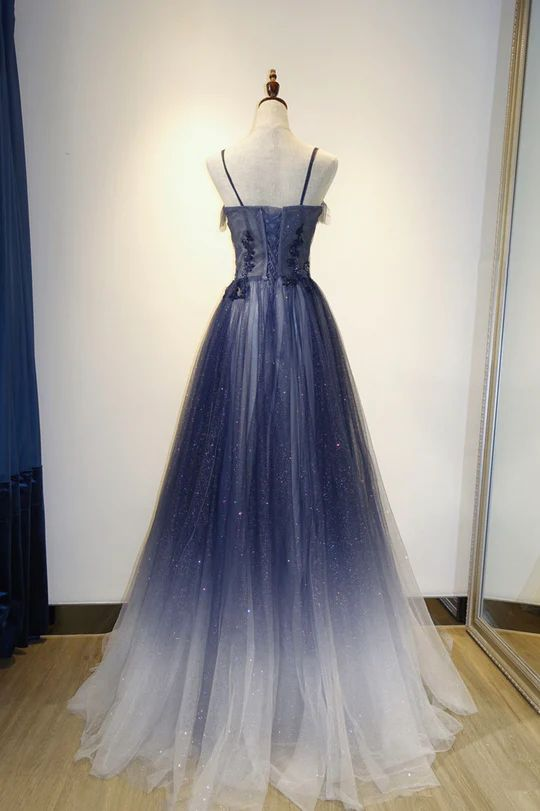Elegant Navy Gradient A-Line Tulle Long Formal Prom Dresses for Women - Perfect for Homecoming, Evening Gala & Special Occasions - Style J2639