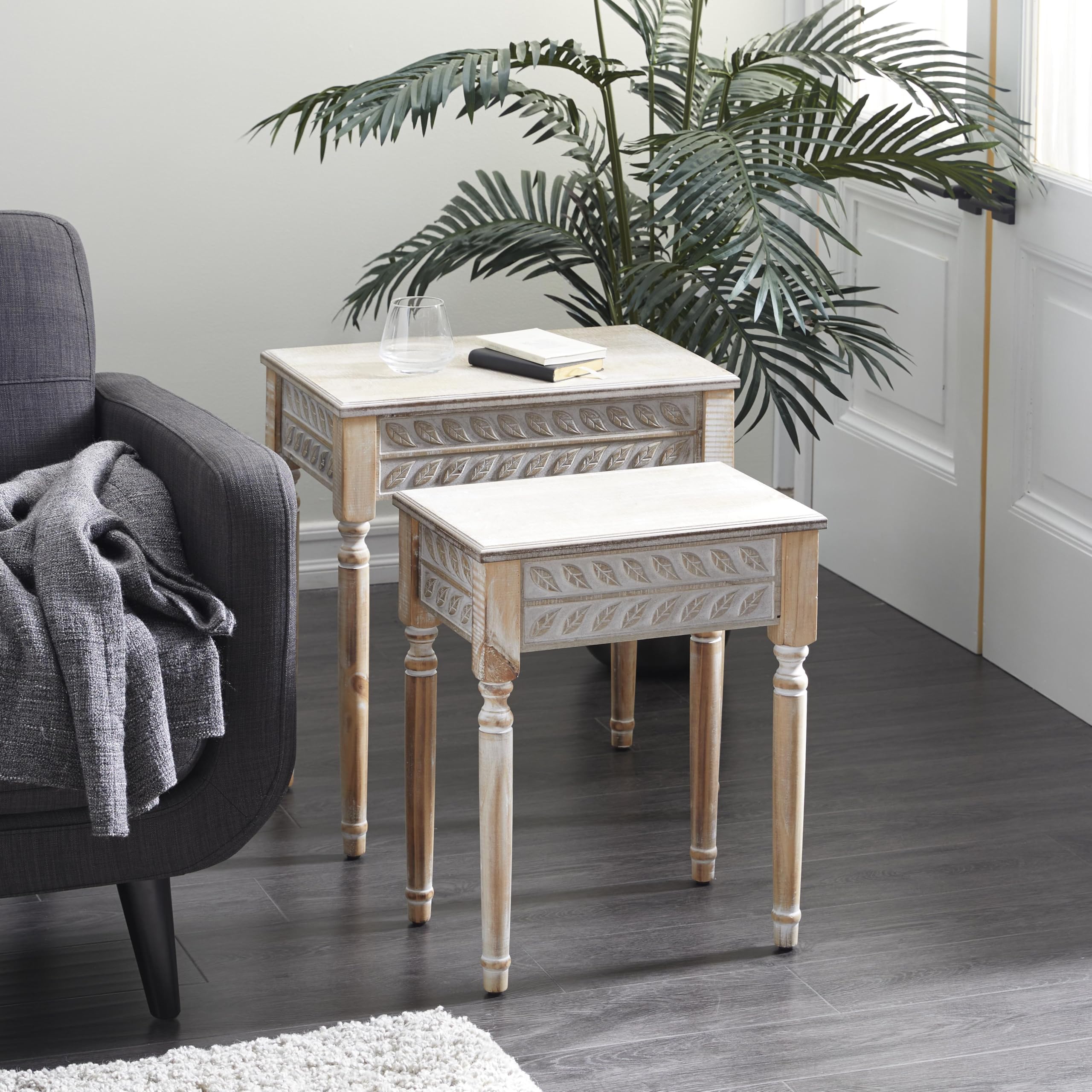 Deco 79 Set of 2 Wooden Leaf Carved Accent Tables with Turned Legs - 22
