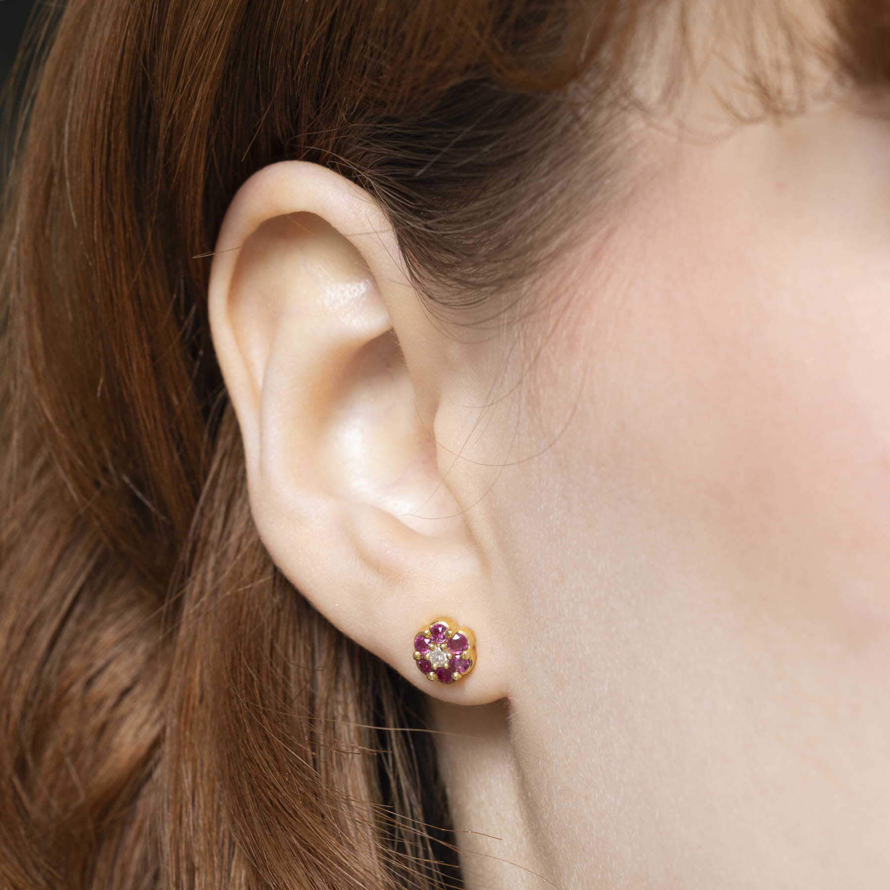 Ruby & Diamond Flower Stud Earrings | 0.30ctw Ruby & 0.06ctw Diamond | 14K Gold Plated | Elegant Floral Jewelry for Women | Perfect Gift for Birthday, Anniversary & Valentine's Day