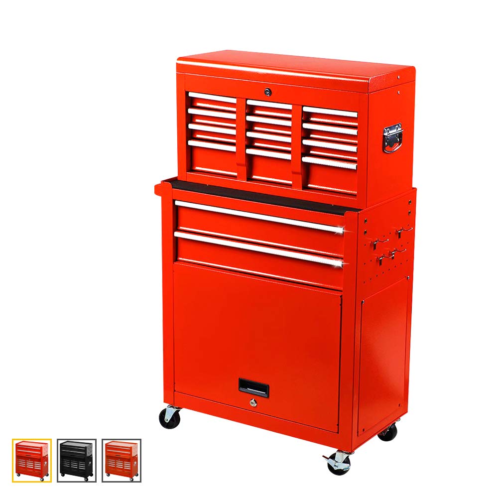 Heavy Duty Large Capacity Rolling Tool Chest with 8 Sliding Drawers - Removable & Lockable Tool Storage Cabinet Organizer for Garage, Workshop & DIY Projects - Red Toolbox for Professional Mechanics & Home Improvement