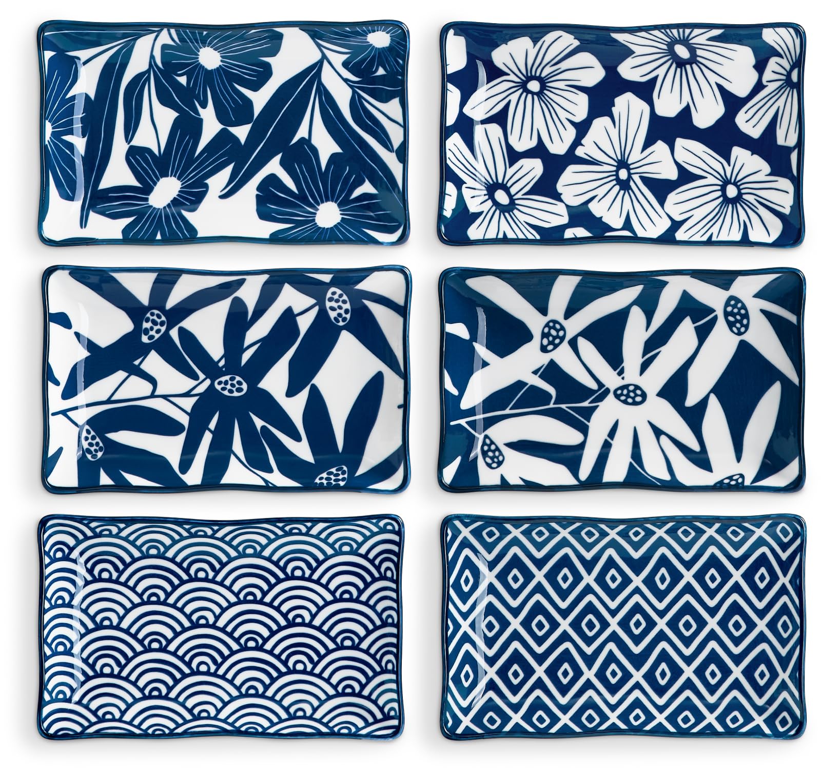 ONEMORE 6-Piece 7.5 Inch Rectangular Ceramic Appetizer Plates Set - Blue and White Vintage Design, Microwave, Oven & Dishwasher Safe, Durable Scratch-Resistant Dinnerware - Perfect for Parties, Appetizers, Salads & Home Decor