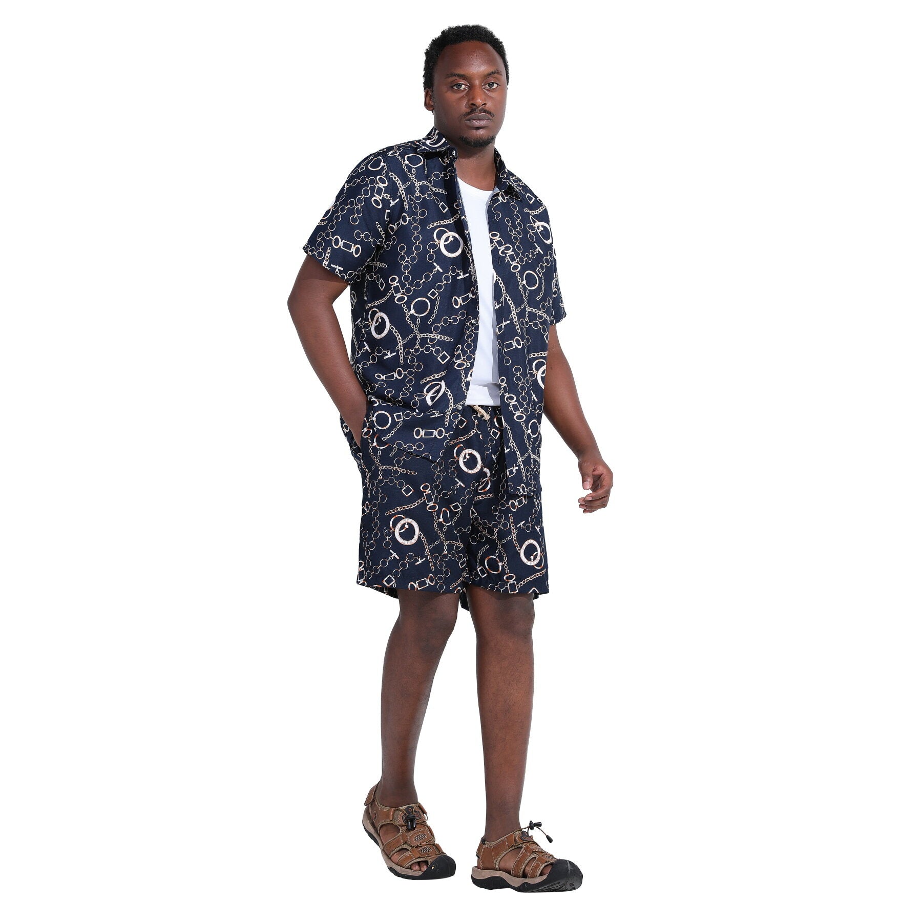 Men's 2-Piece Hawaiian Print Summer Suit in Navy Blue - Perfect for Beach Weddings, Tropical Vacations & Summer Parties