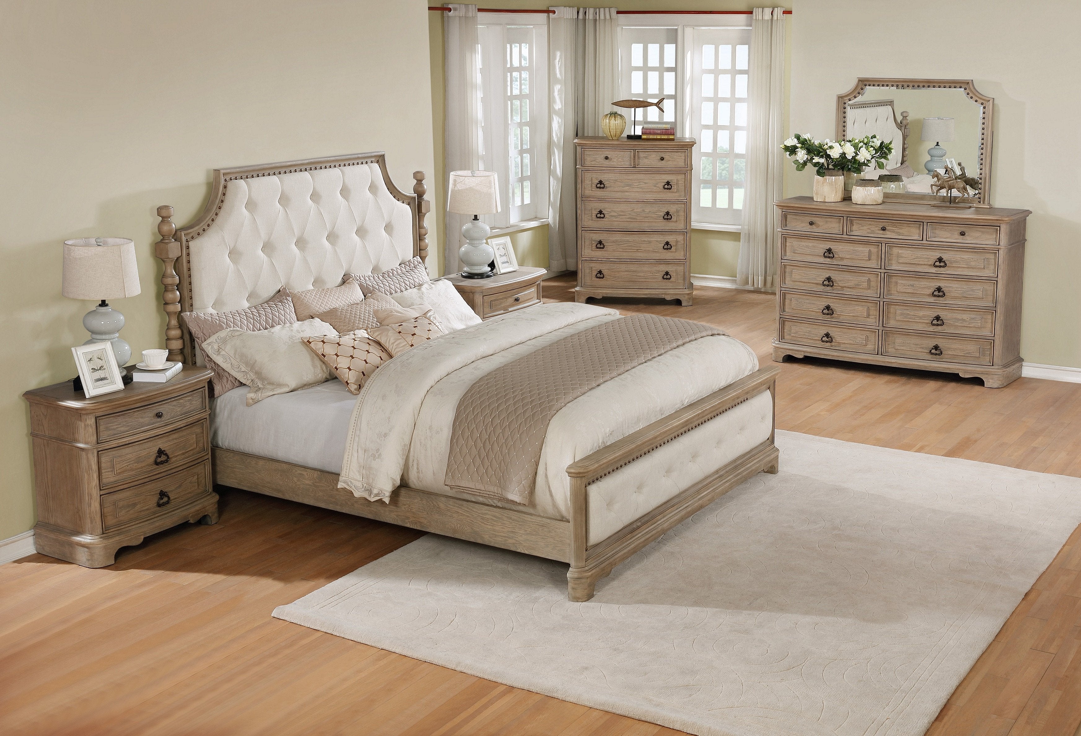 Piraeus 296 11-Drawer White Wash Dresser with Nailhead Trim Mirror - Elegant Bedroom Furniture for Master Suite, Guest Room & Nursery Organization