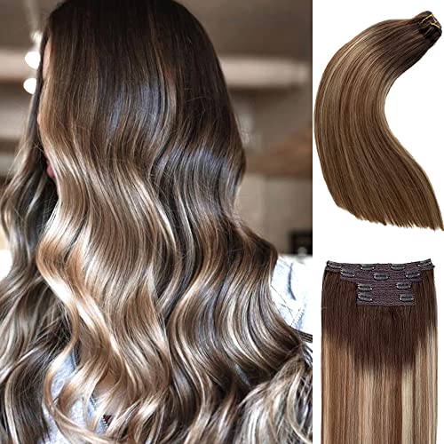 20 Inch Ombre Balayage Brown to Ash Brown Clip-in Human Hair Extensions with Bleach Blonde Highlights - 100G 4-Piece Double Lace Weft Real Hair for Women | Perfect for Parties, Weddings & Everyday Volume Boost