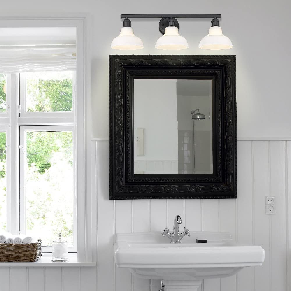 3-Light Vintage Industrial Bathroom Vanity in Matte Black with Milk Glass Shades - Perfect for Farmhouse, Loft & Industrial Style Bathroom Lighting