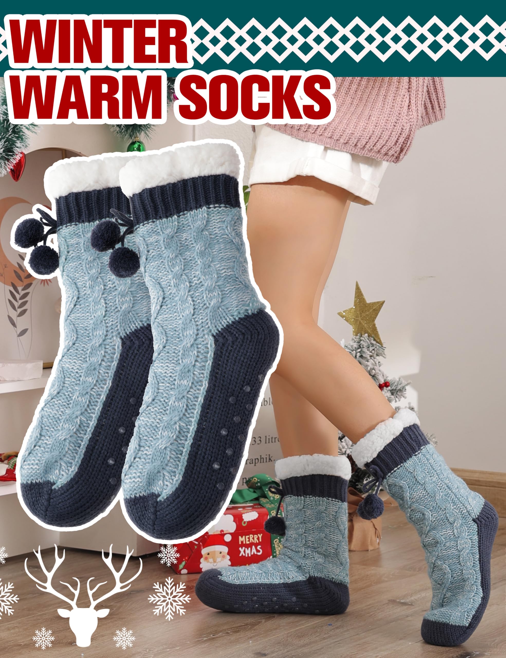 Women's Fuzzy Non-Slip Winter Slipper Socks - Warm Fleece for Home & Cabin