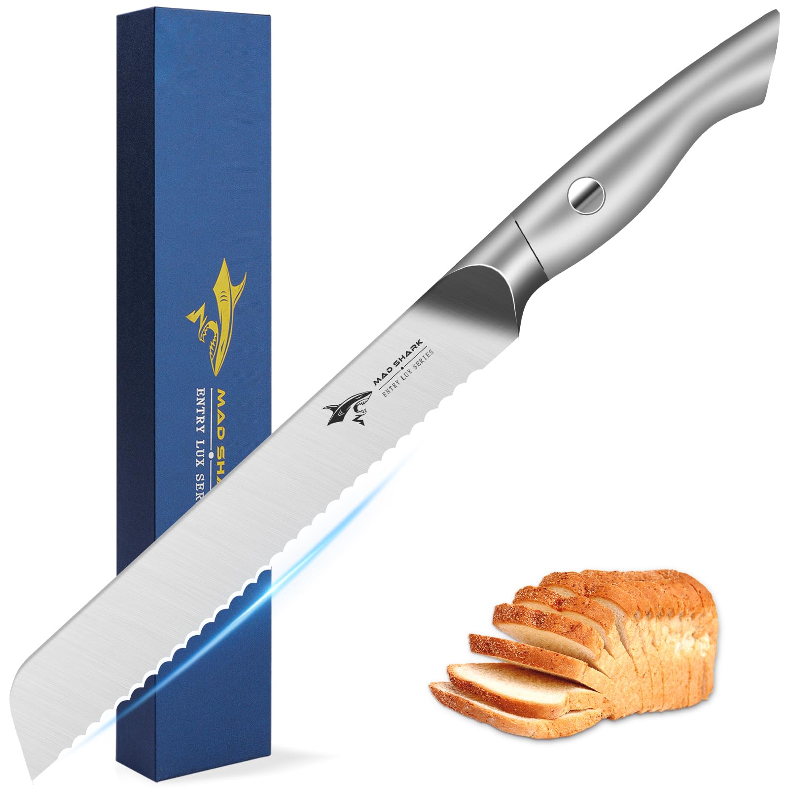 MAD SHARK 8 Inch Bread Knife - Ultra Sharp German Molybdenum-Vanadium Steel Blade - Professional Serrated Knife for Sourdough, Baguettes & Homemade Bread - Perfect for Bakeries, Kitchens & Bread Lovers