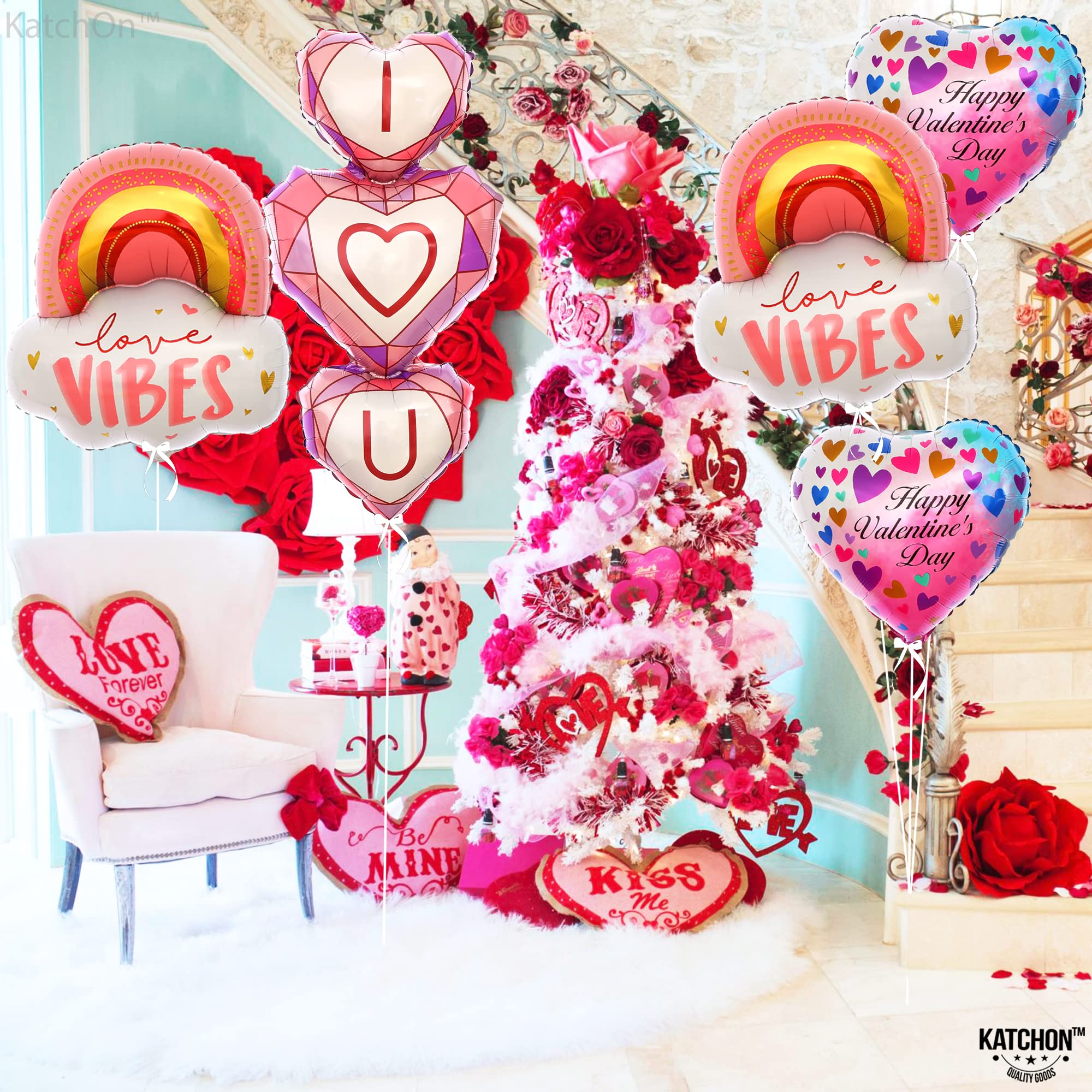 KatchOn 44 Inch Pink Heart & Rainbow Foil Balloons - Giant 'I Love You' Valentine's Day Balloons for Party Decorations | Perfect for Valentine's Day, Galentine's Day, Wedding, Anniversary & Romantic Proposals