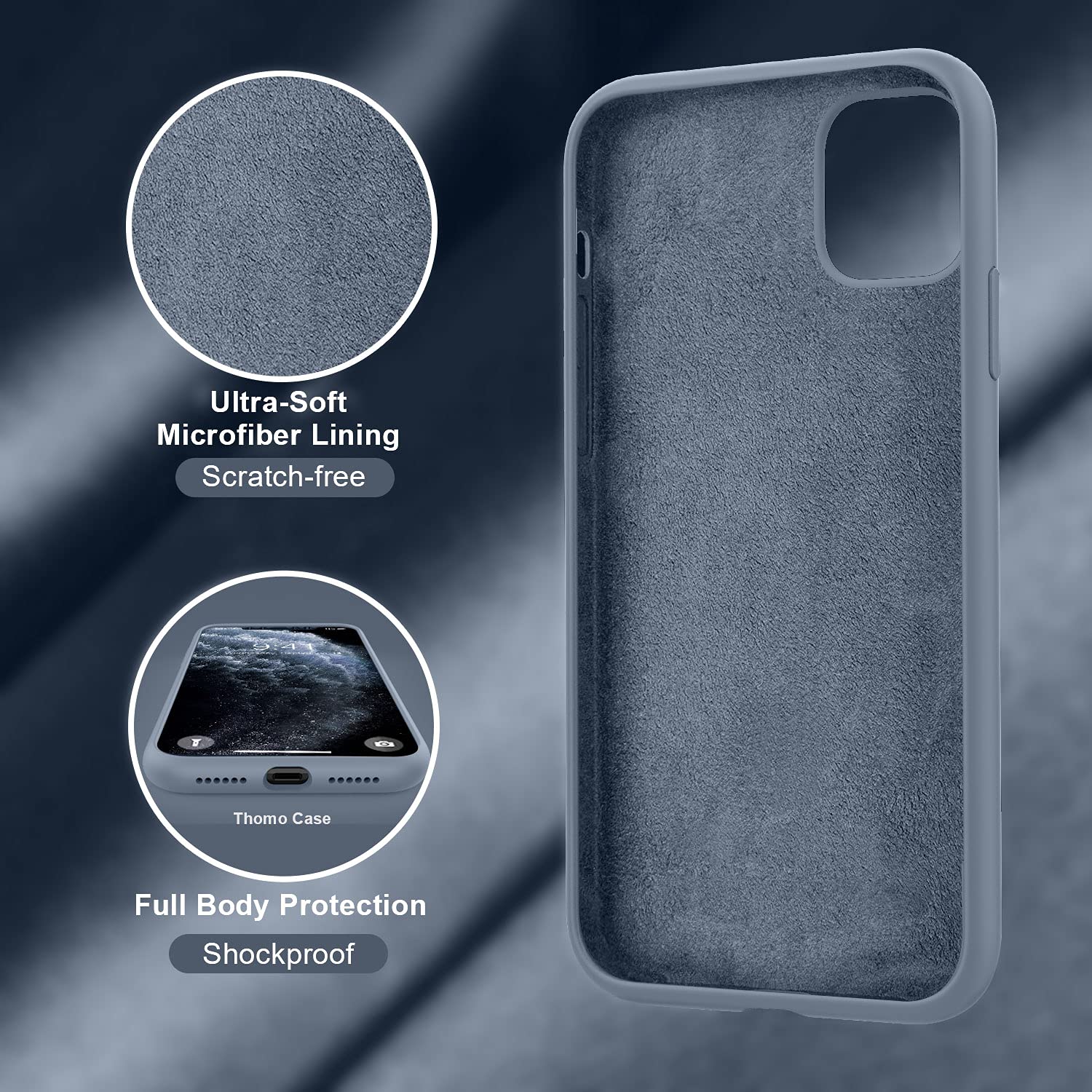 Thomo Liquid Silicone iPhone 11 Pro Max Case with Ring Holder & Kickstand - Anti-Scratch Microfiber Lining, Full Body Protective Cover (Lavender Grey) - Perfect for Work, Travel, and Everyday Use