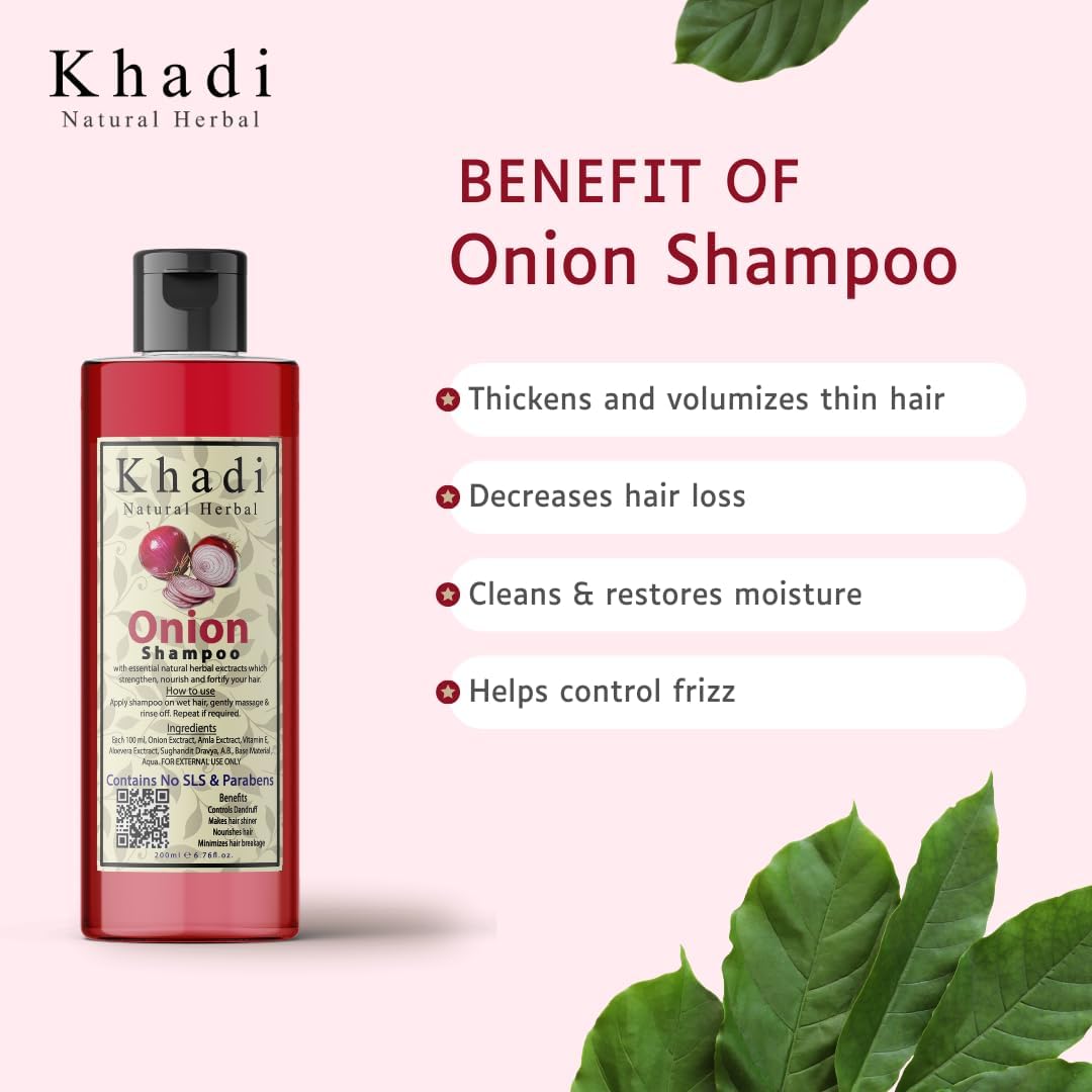 Khadi Natural Herbal Onion Shampoo for Hair Growth & Anti-Dandruff | Strengthens Hair with Amla, Aloe Vera & Vitamin E | 200ml | Perfect for Daily Hair Care & Scalp Nourishment