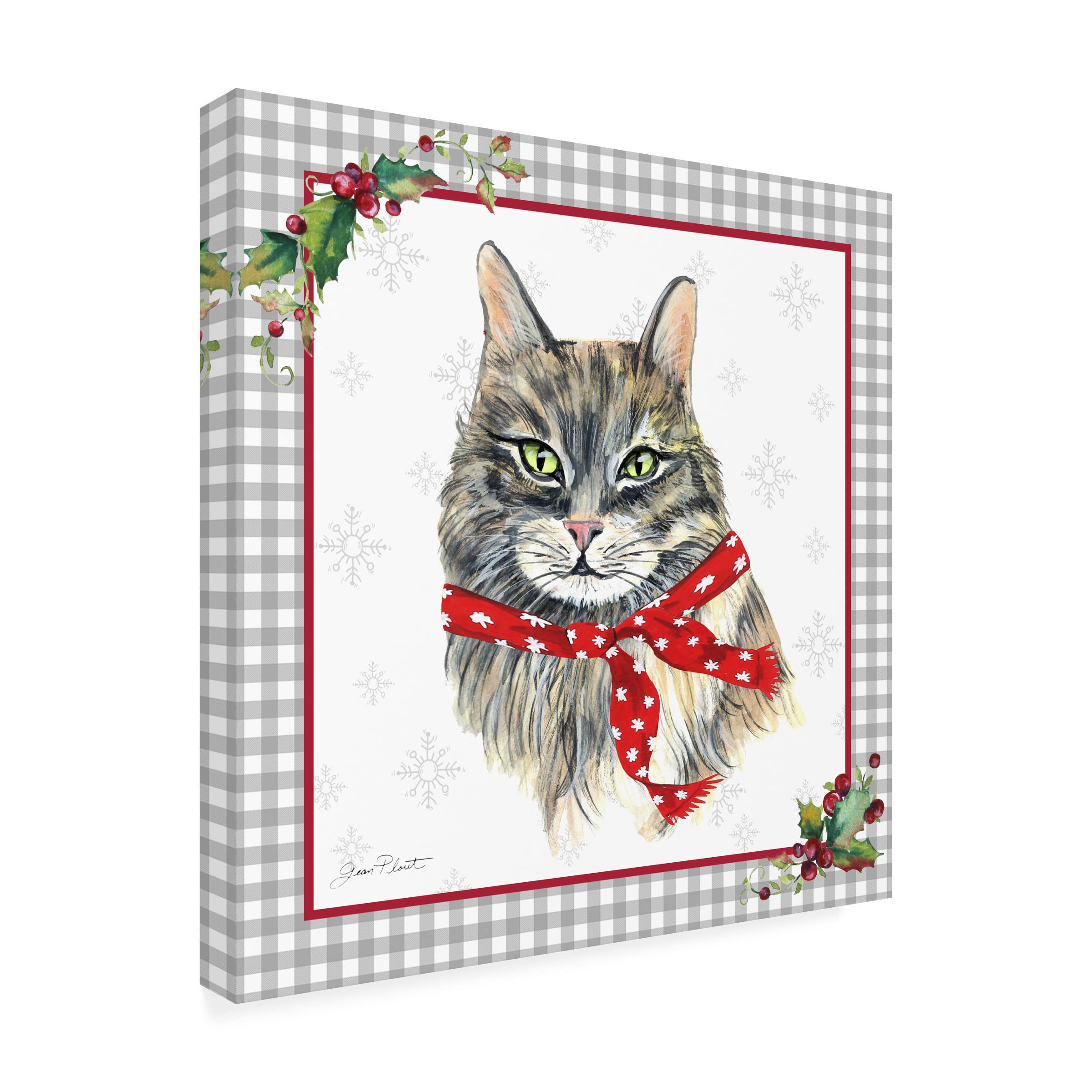 Trademark Fine Art 'Plaid Christmas with Cat F' by Jean Plout - 35x35 Inch Canvas Wall Art - Holiday Home Decor for Living Room, Bedroom & Office