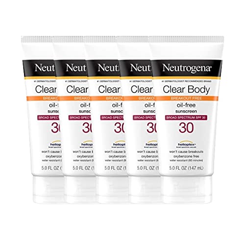 Breakout-Free Clear Liquid Sunscreen Lotion for Acne-Prone Skin - Oil-Free, Broad Spectrum SPF Protection, Oxybenzone & Fragrance Free, Non-Comedogenic, Unscented (Pack of 5, 5 Fl Oz Each) - Perfect for Daily Face & Body Sun Protection During Outdoor Activities