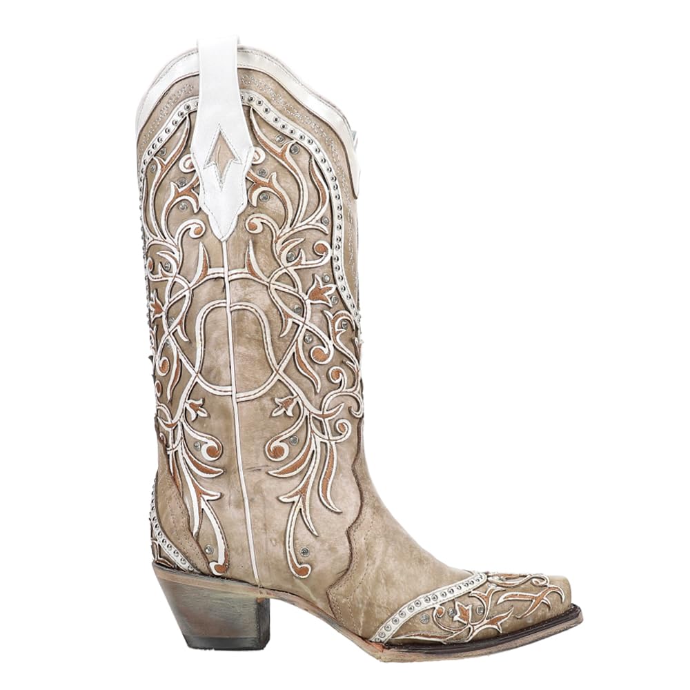 Corral Women's Western Boots - White Overlay with Embroidery, Studs & Crystals, Snip Toe, Leather Sole (Style A3837) | Perfect for Country Dancing, Rodeos & Cowgirl Fashion