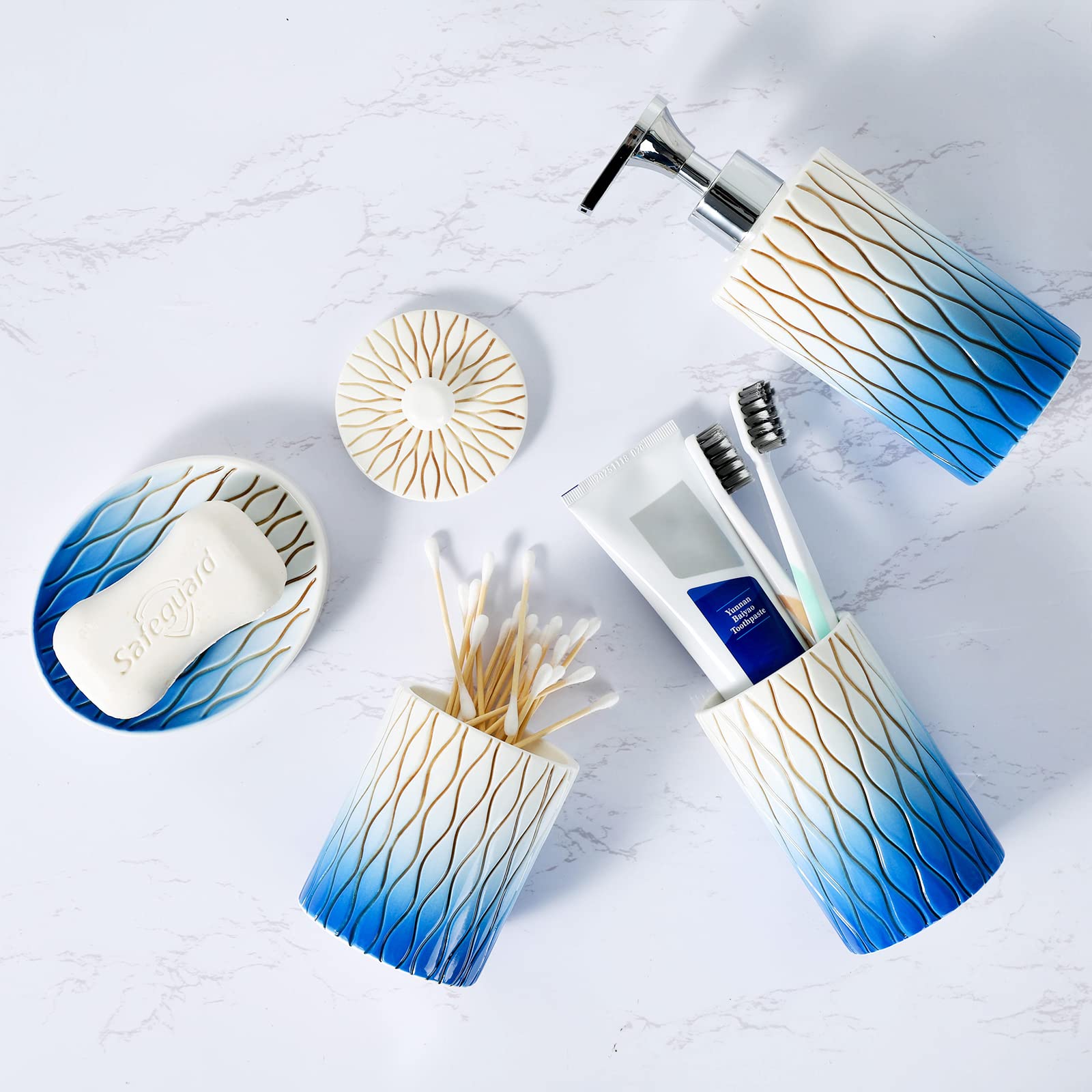 Navy Blue Ceramic Bathroom Accessories Set - 4 Piece Hand-Carved Boho Decor with Toothbrush Holder & Soap Dispenser | Modern Apartment Essentials for Bathroom Organization & Stylish Home Decor