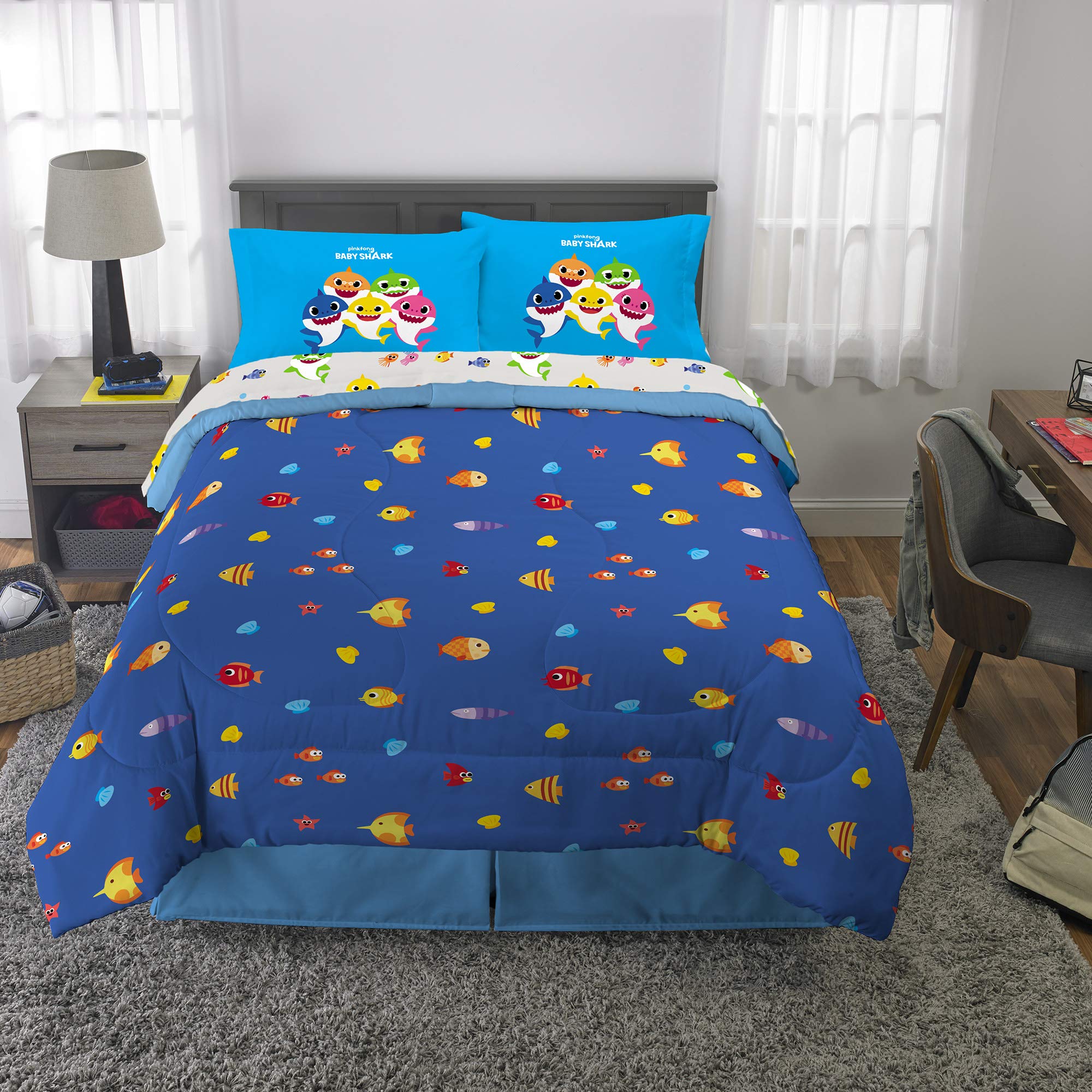 Franco Kids Bedding Set - Super Soft 5-Piece Full Size Comforter & Sheet Set with Baby Shark Design | Perfect for Toddler Beds, Nursery Decor & Shark-Themed Bedrooms