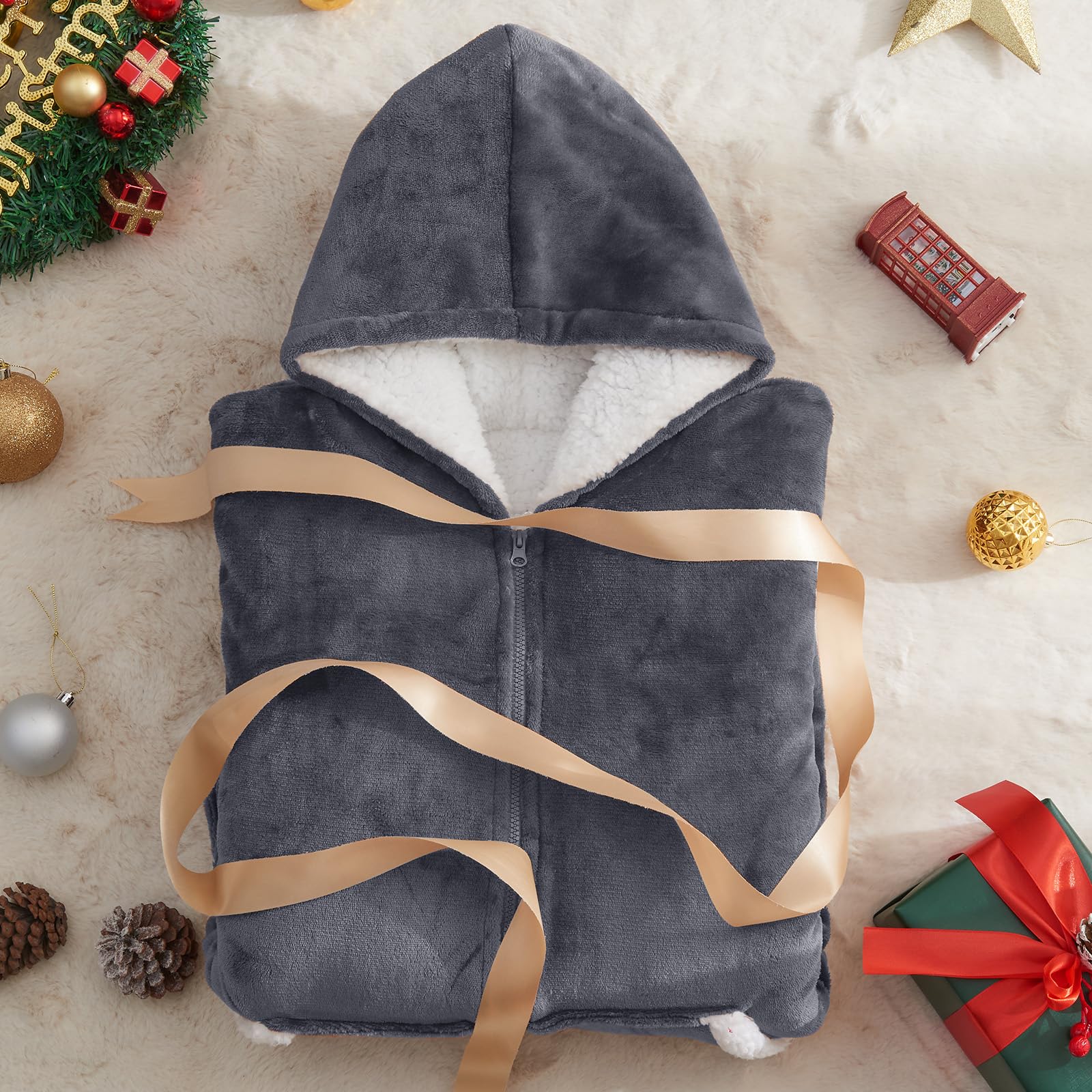 JOYWOO Wearable Blanket Hoodie - Oversized Sherpa Hooded Sweatshirt with Giant Pocket for Women & Men | Cozy Winter Gifts for Mom, Birthday Presents | Perfect for Lounging, Movie Nights & Cold Weather (Grey)