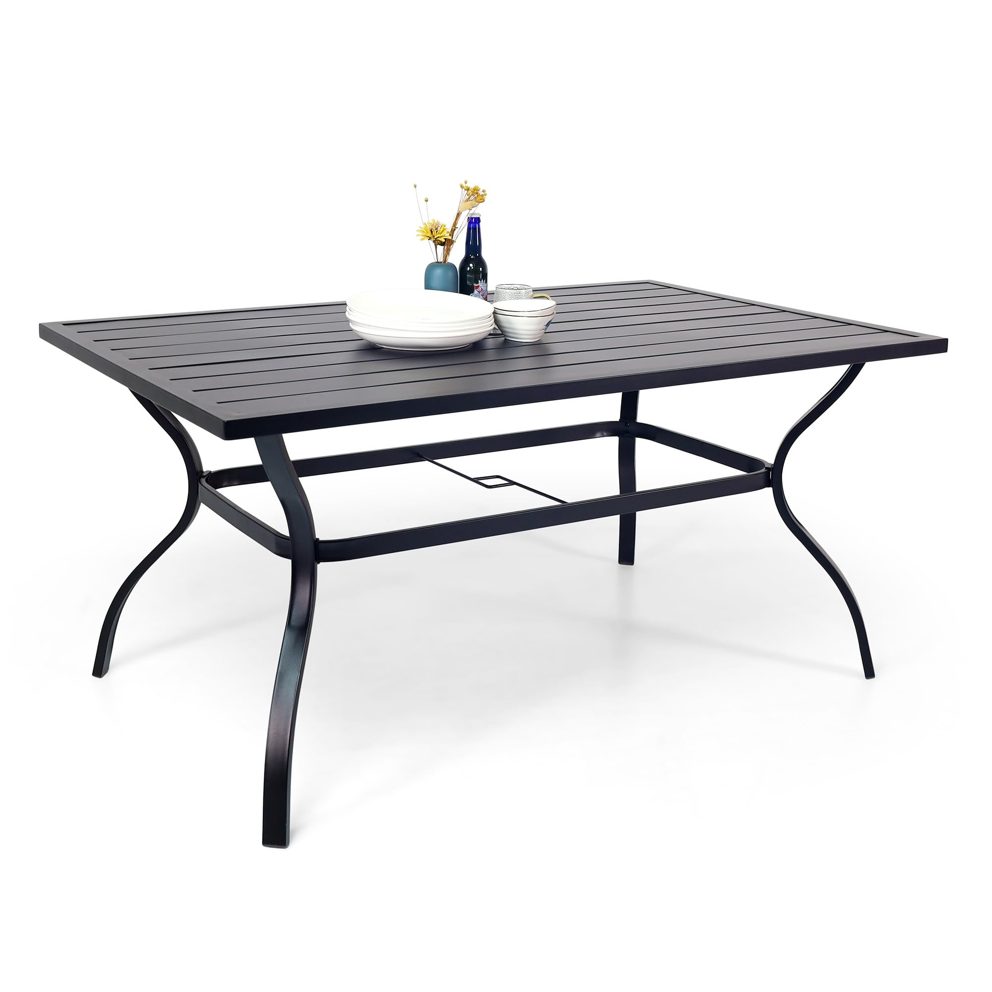 **Outdoor Patio Dining Table with Metal Steel Frame & Adjustable Umbrella Hole - Rectangle Table for 6, Perfect for Garden, Lawn, Backyard Parties & BBQs**