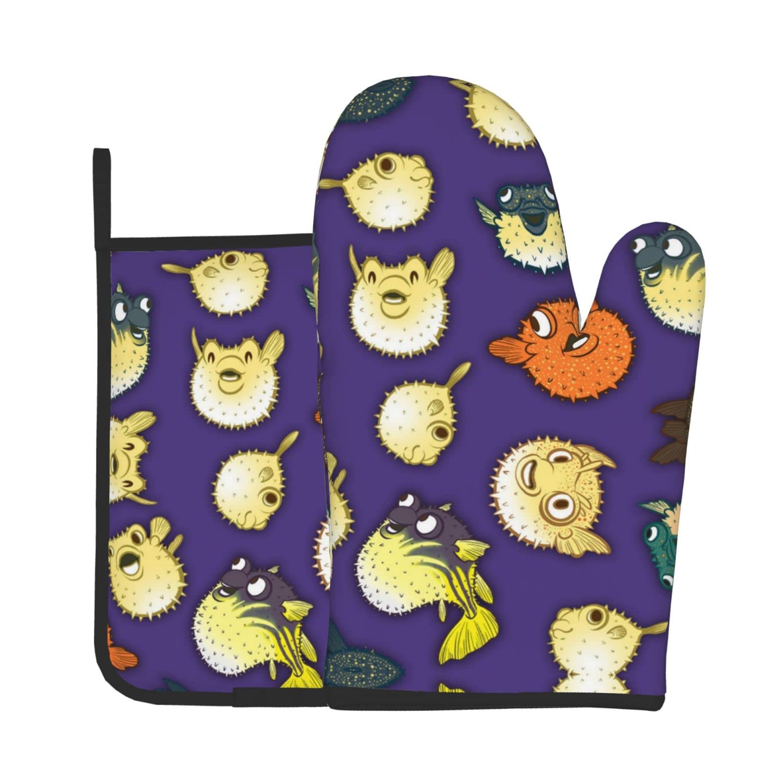 Pufferfish Print Oven Mitts and Pot Holder Set - Heat Resistant Baking Gloves for Cooking, Grilling & Baking - Kitchen Essentials for Home, BBQ & Holiday Baking