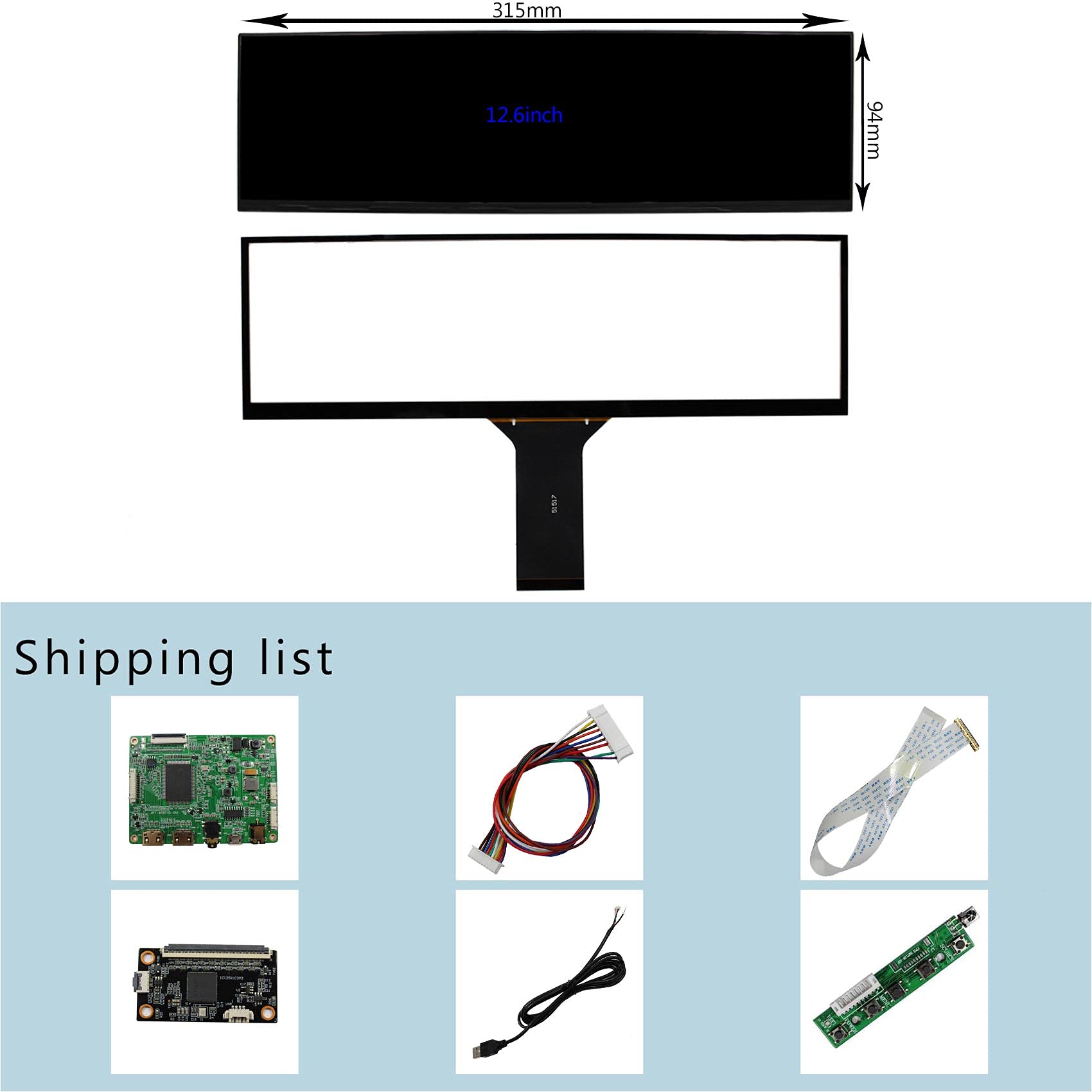 12.6 Inch NV126B5M-N41 IPS Touchscreen Monitor - 1920x515 Resolution with 2 Mini HDMI & Micro USB LCD Controller Board - Perfect for Industrial Control, Digital Signage, and DIY Projects