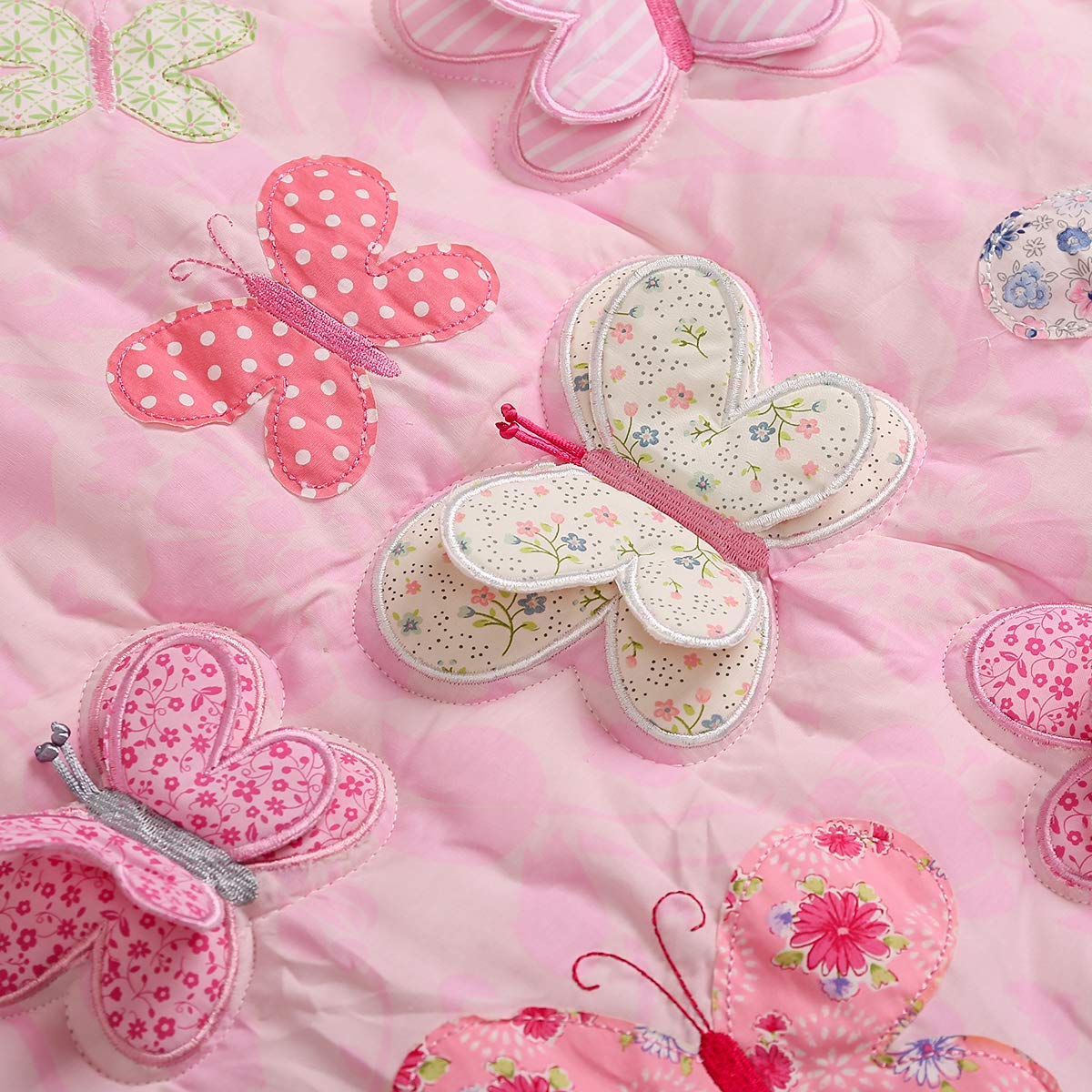 4-Piece Cotton Embroidery 3D Butterfly Nursery Crib Bedding Set for Baby Girls - Pink Floral Butterfly Design with 1 Quilt, 1 Fitted Sheet, 1 Changing Pad Cover & 1 Diaper Organizer | Perfect for Newborn Nursery Decor, Baby Shower Gifts and Cozy Sleeping