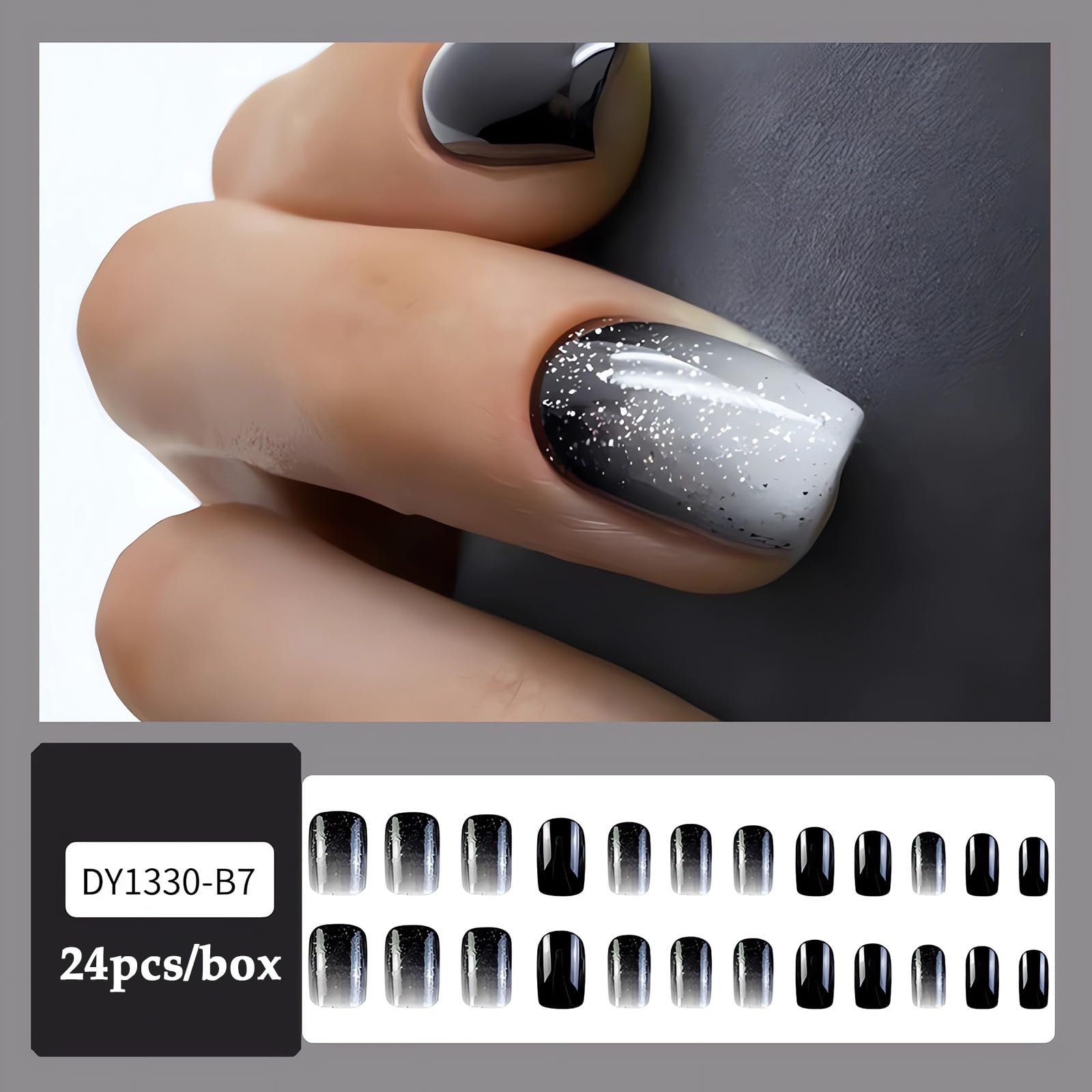 SINSEN Square Press on Nails - Medium Length Fake Nails with Gradient White Black Glossy Glitter Design, Reusable Artificial Static Nails for Women & Girls (24Pcs) - Perfect for Parties, Weddings, Date Nights and Special Occasions