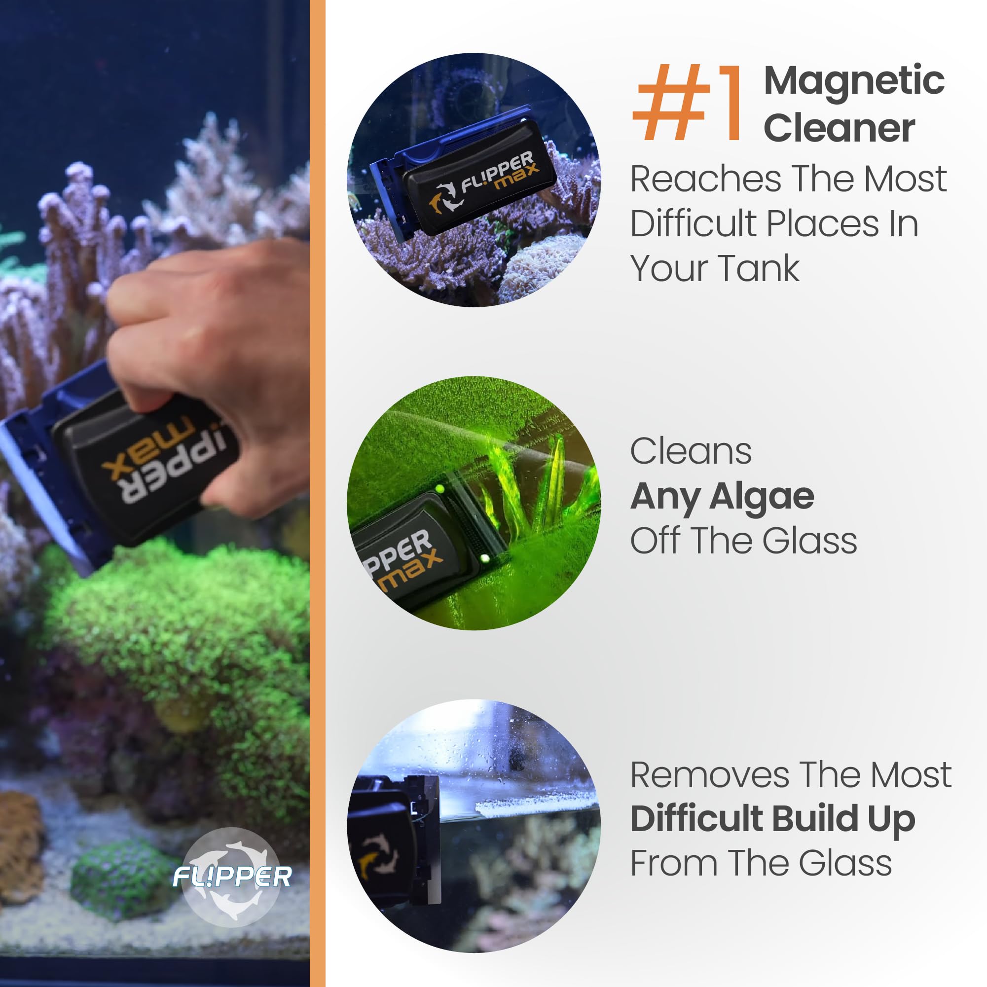 Flipper Magnetic Aquarium Glass Cleaner - Powerful Algae Remover for Fish Tanks | Easy-to-Use Aquarium Accessories for Crystal Clear Water | Perfect for Freshwater & Saltwater Tanks up to 1 Inch Thick