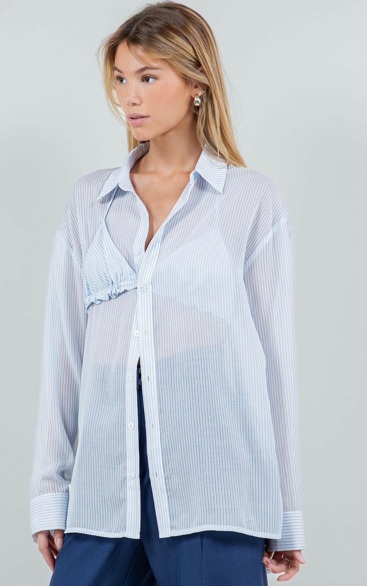 Sheer Button Up Blouse with Bikini Top - White & Blue Floral Print Women's Beach Cover Up for Summer Vacation & Pool Party