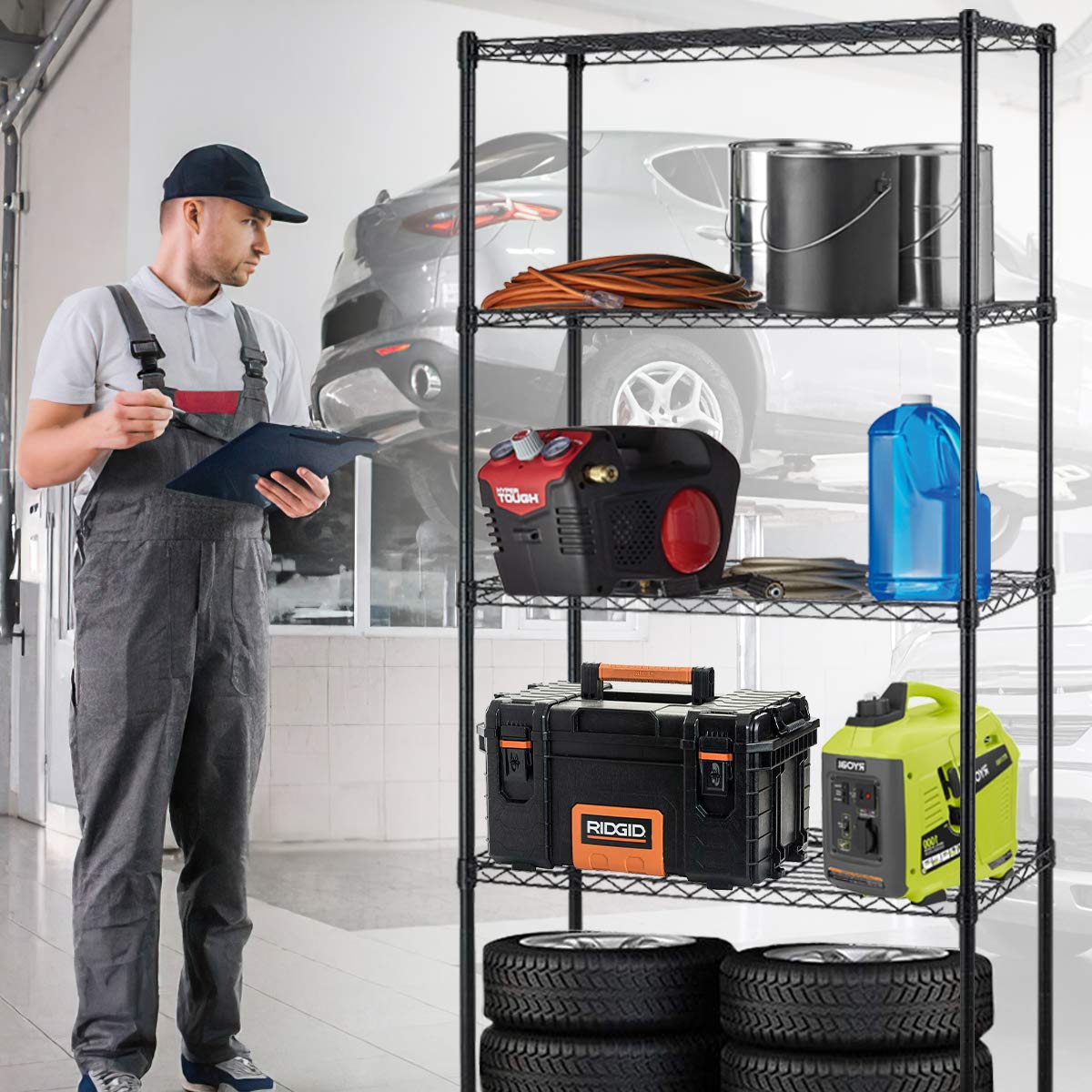 5-Tier Heavy Duty Metal Wire Shelving Unit - 1250Lbs Capacity Adjustable Storage Rack with Leveling Feet for Garage, Kitchen, Commercial Use | Black Standing Shelf for Home Organization & Warehouse Storage