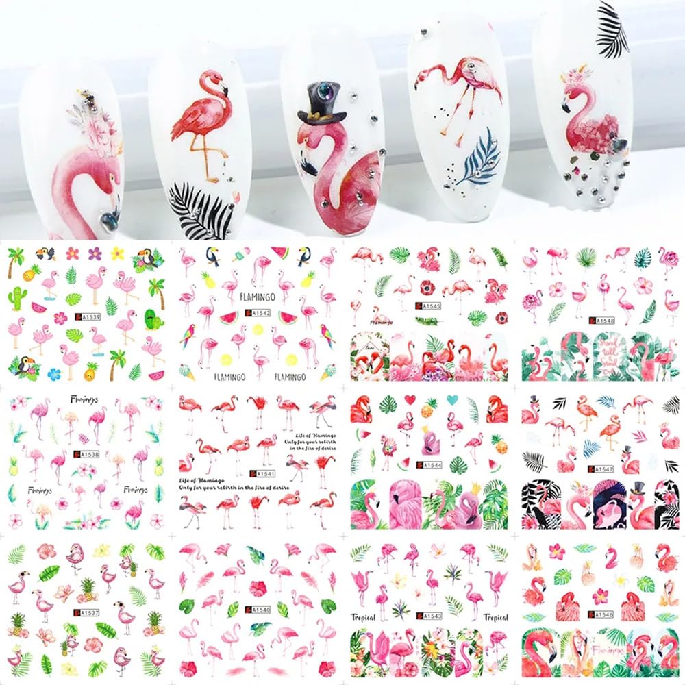 12 Sheet Flamingo Nail Art Stickers - Tropical Flamingo & Green Leaf Design Water Transfer Nail Decals | Summer Nail Decorations | Waterproof Acrylic Nail Stickers for Women DIY Manicure | Perfect for Beach Parties, Vacations & Summer Nail Art