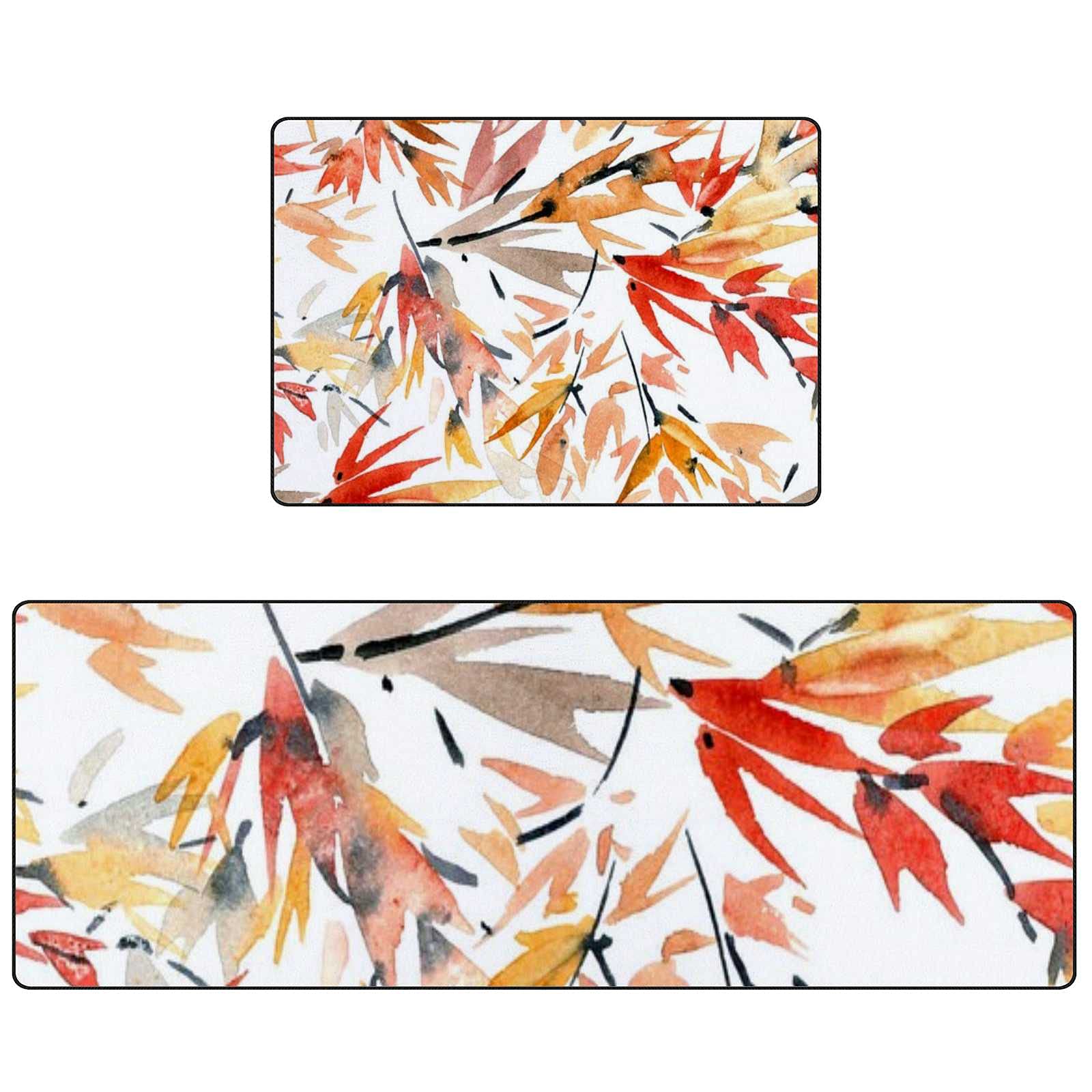 Non-Slip Watercolor Bamboo Leaf Kitchen Rugs Set - 2 Piece Absorbent Coral Velvet Mats (17.7x29.1Inch & 17.7x58.2Inch) - Washable Floor Mats for Kitchen, Dining Room & High Traffic Areas