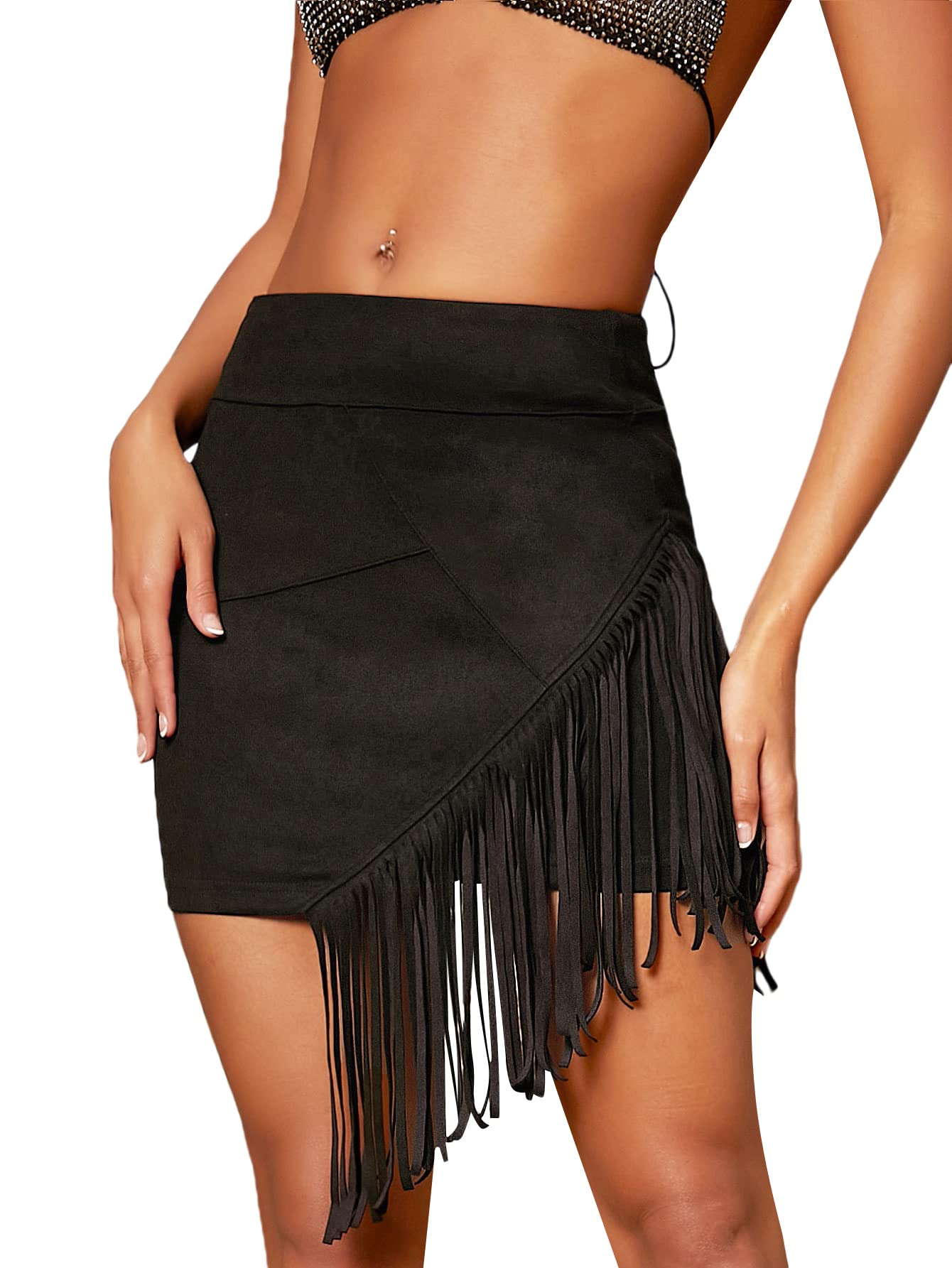 Milumia Women's Boho Fringe Hem Mini Skirt - High Waisted Asymmetrical Short Skirts for Summer | Casual Outfit, Beach Wear, Music Festival & Party