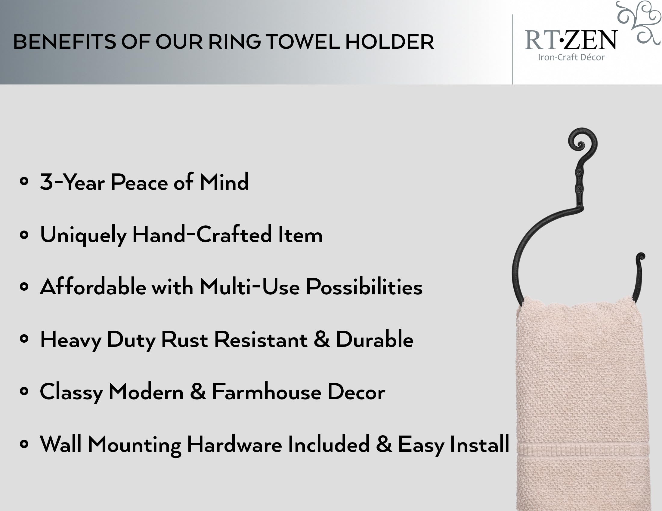 RTZEN Matte Black Hand Towel Ring - Wrought Iron Bathroom Towel Holder - Farmhouse Style Kitchen Towel Ring - Rustic Home Decor for Bath, Kitchen & Laundry Room