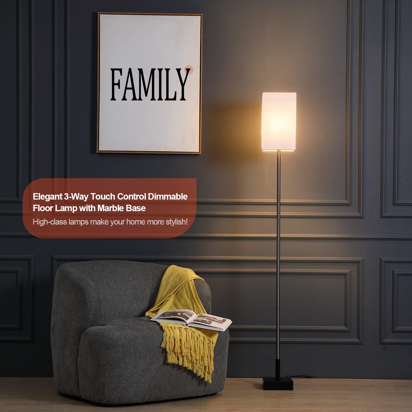 3-Way Touch Control Dimmable Floor Lamp with Sturdy Marble Base & Brushed Nickel Finish - Adjustable Standing Lamp with Square Linen Shade for Living Room, Bedroom, Office - Includes LED Bulb for Home Decor & Ambient Lighting