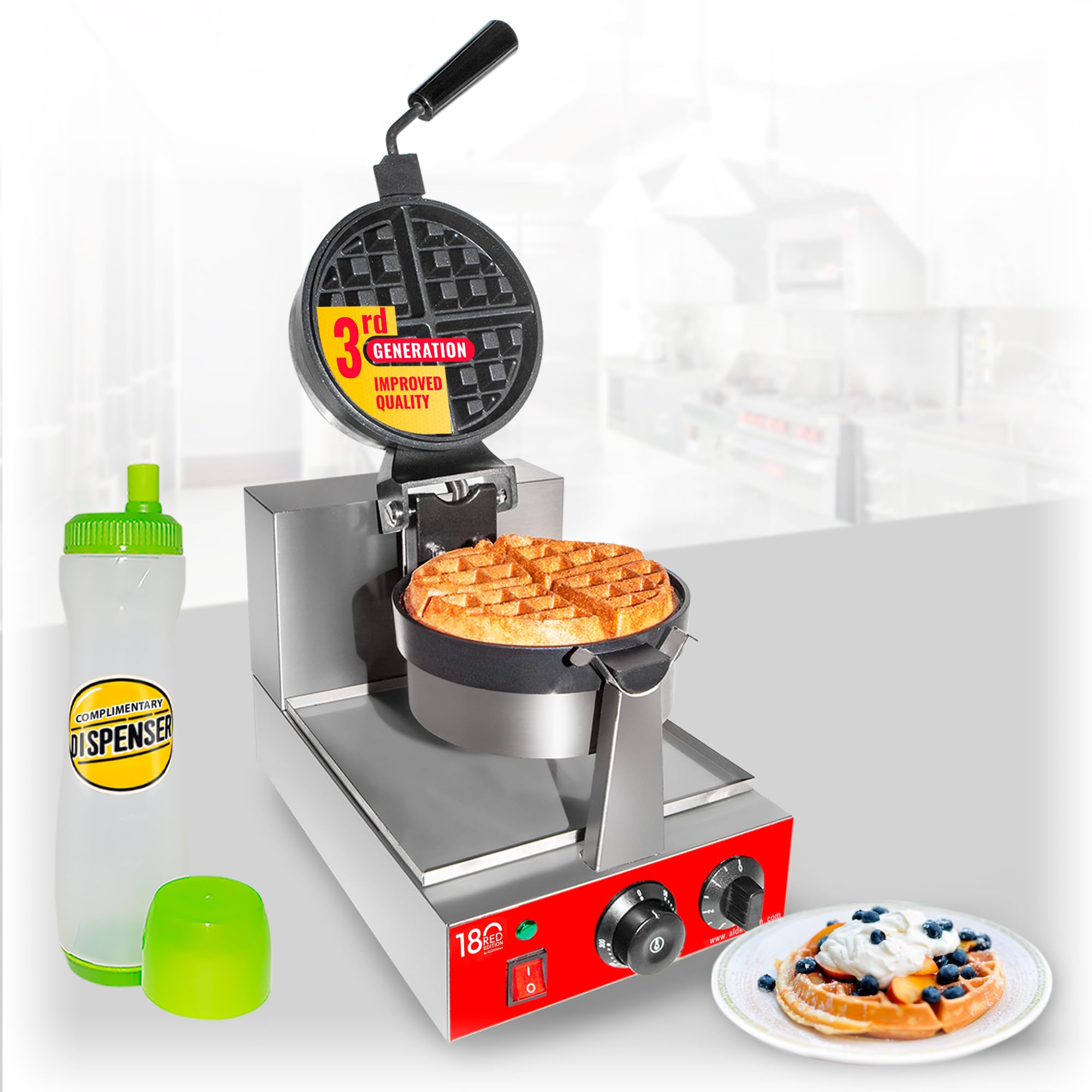 ALDKitchen Belgian Waffle Maker - Thick Rotating Waffle Iron with Nonstick Coating & Stylish Red Panel - 110V Commercial Grade for Restaurants, Cafes & Home Breakfast - Perfect for Fluffy Waffles, Pancakes & Desserts