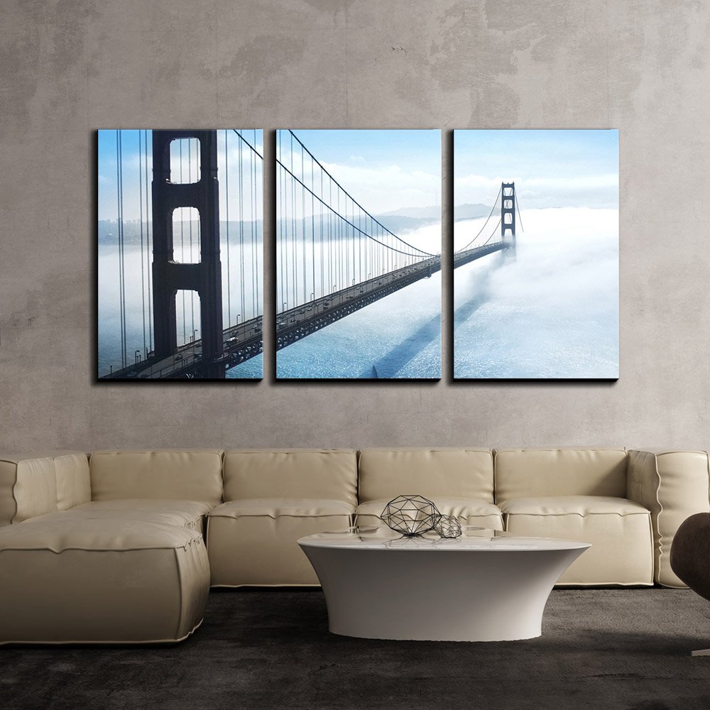 Golden Gate Bridge Foggy Day Canvas Wall Art - 3 Piece Modern Home Decor - Stretched & Framed Ready to Hang - 16x24 Inches (Set of 3 Panels) - Perfect for Living Room, Bedroom or Office Wall Decor