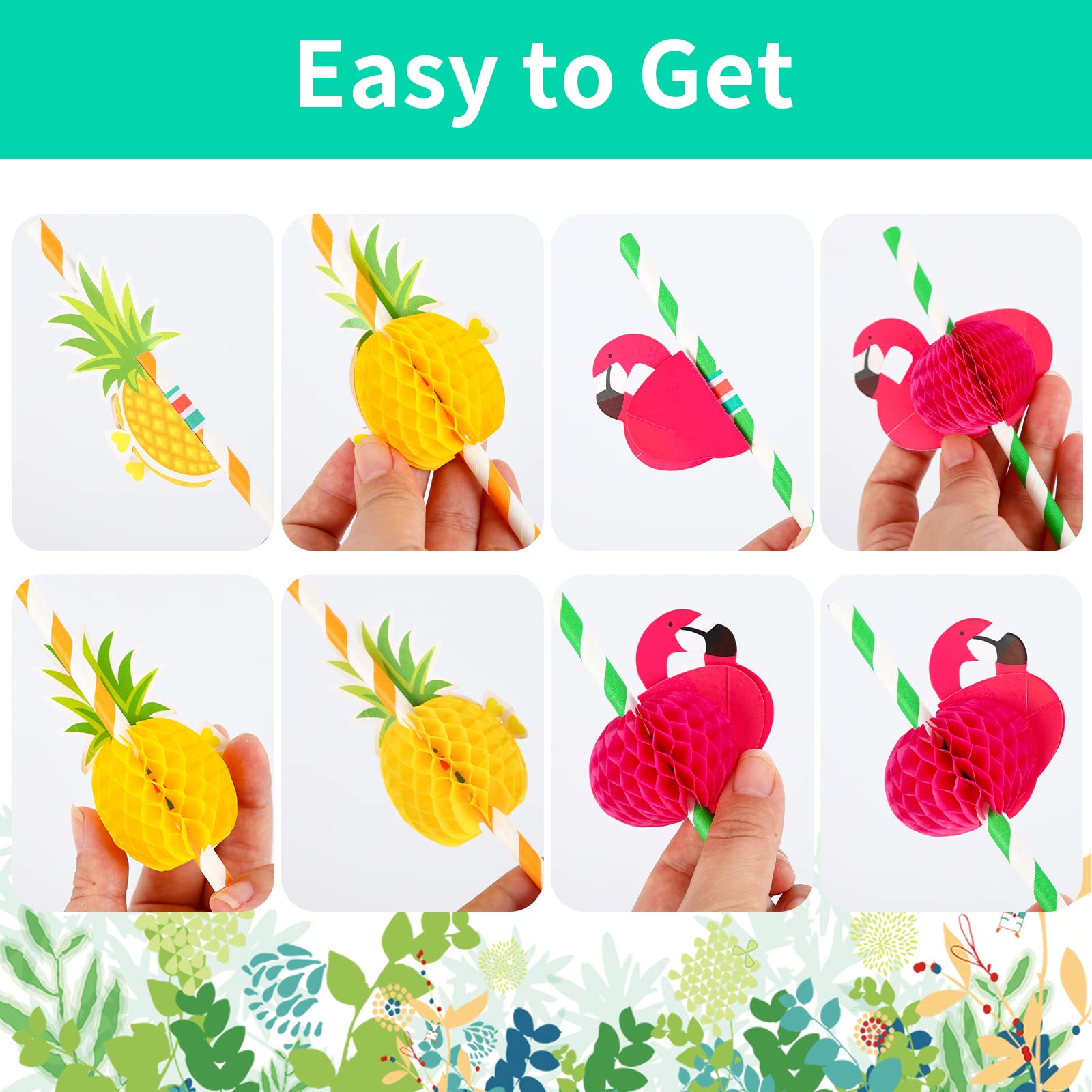 50-Pack Biodegradable 3D Fruit Paper Straws - Pineapple, Flamingo & Tropical Designs - Eco-Friendly Drinking Straws for Cocktails, Parties & Hawaiian Luau Decor - Perfect for Summer Celebrations, Beach Weddings & Poolside Gatherings