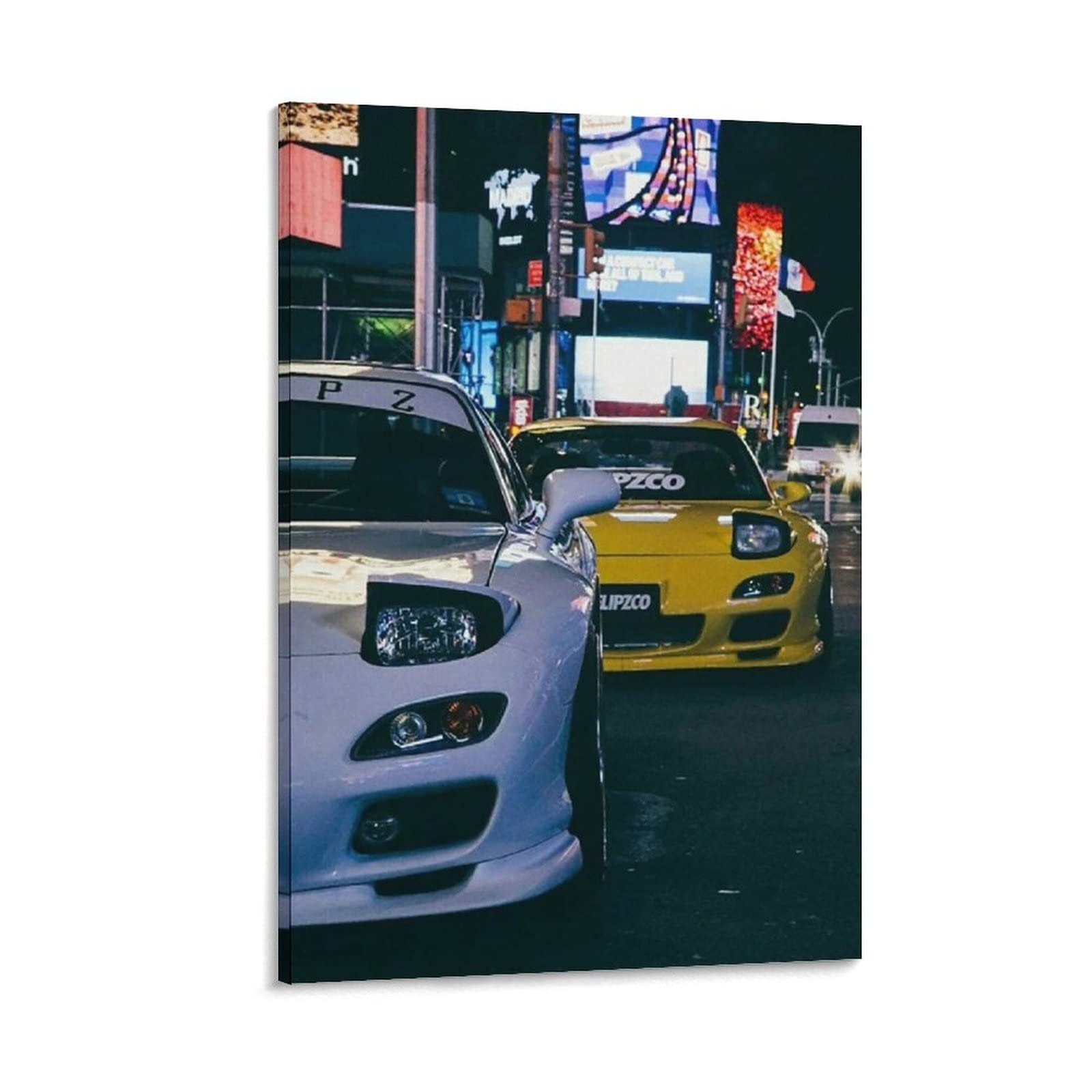 JDM Car Poster - Yellow Rx7 vs White Rx7 Aesthetic Canvas Wall Art - 24x36 inches (60x90cm) - Framed Scroll Painting for Bedroom, Garage & Man Cave Decor