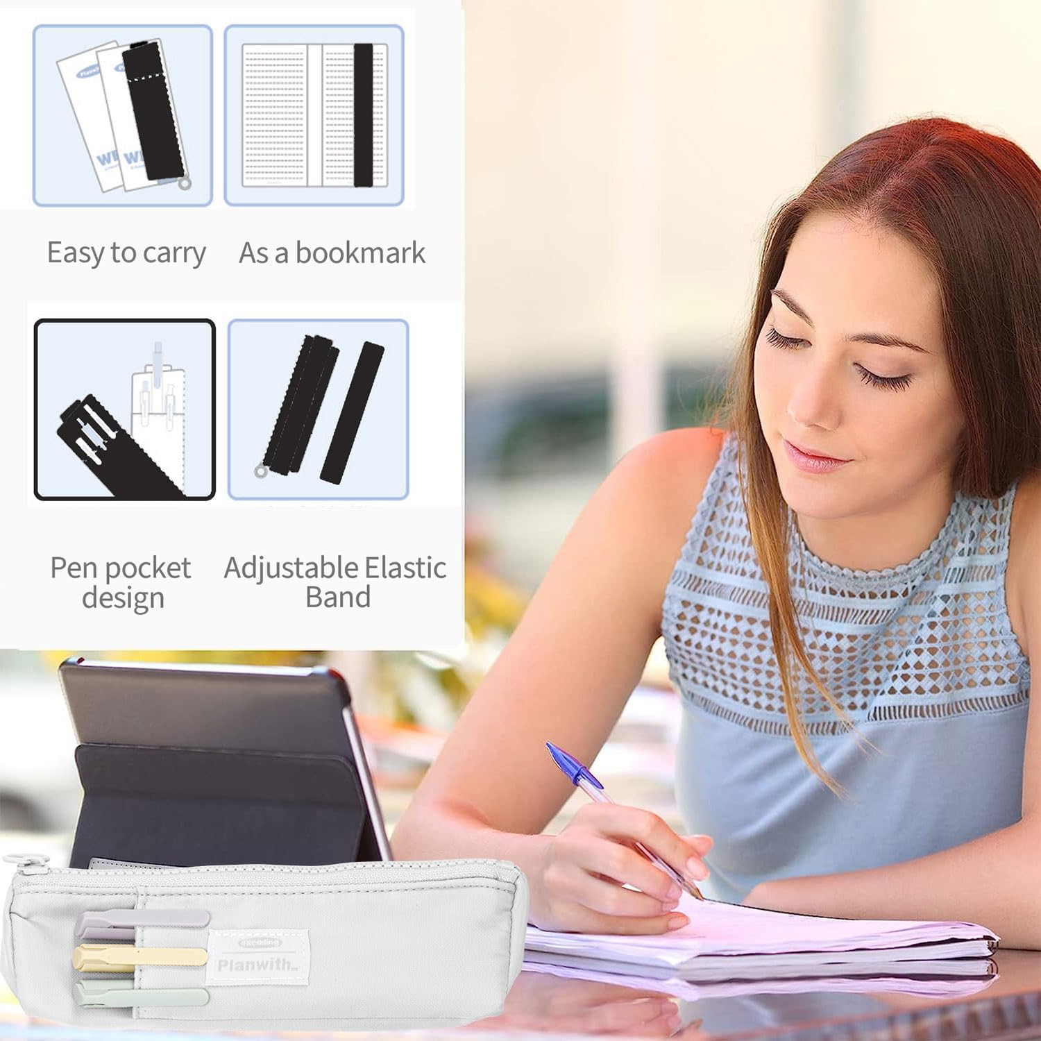 Slim Pen & Pencil Organizer with Adjustable Elastic Band - Zippered Pouch for Makeup, Journals, School & Office Supplies - Perfect for Students, Artists & Professionals