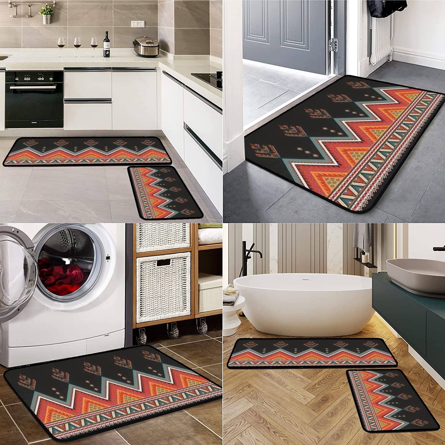Non-Slip Washable Kitchen Rugs Set - Ethnic Abstract Tribal Embroidery Design - Mexican Style Floor Mat for Kitchen, Bathroom & Entryway - Comfort Standing Mats for Home Decor & Safety